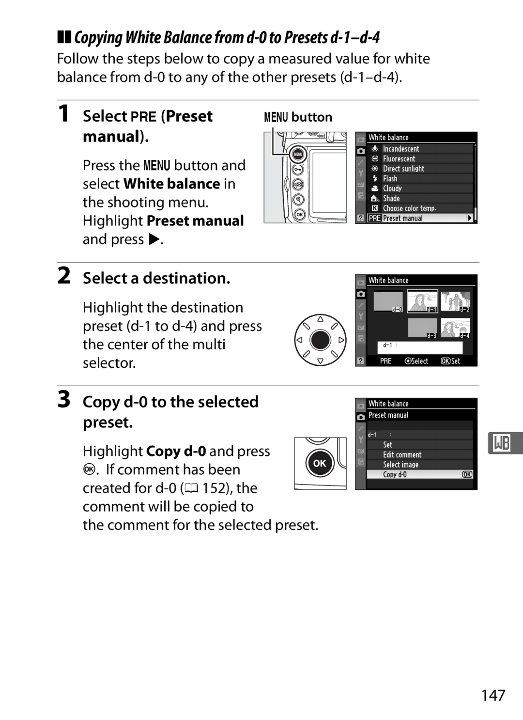 Nikon D300s manual Select LPreset, Manual, Select a destination, Copy d-0 to the selected preset, 147 