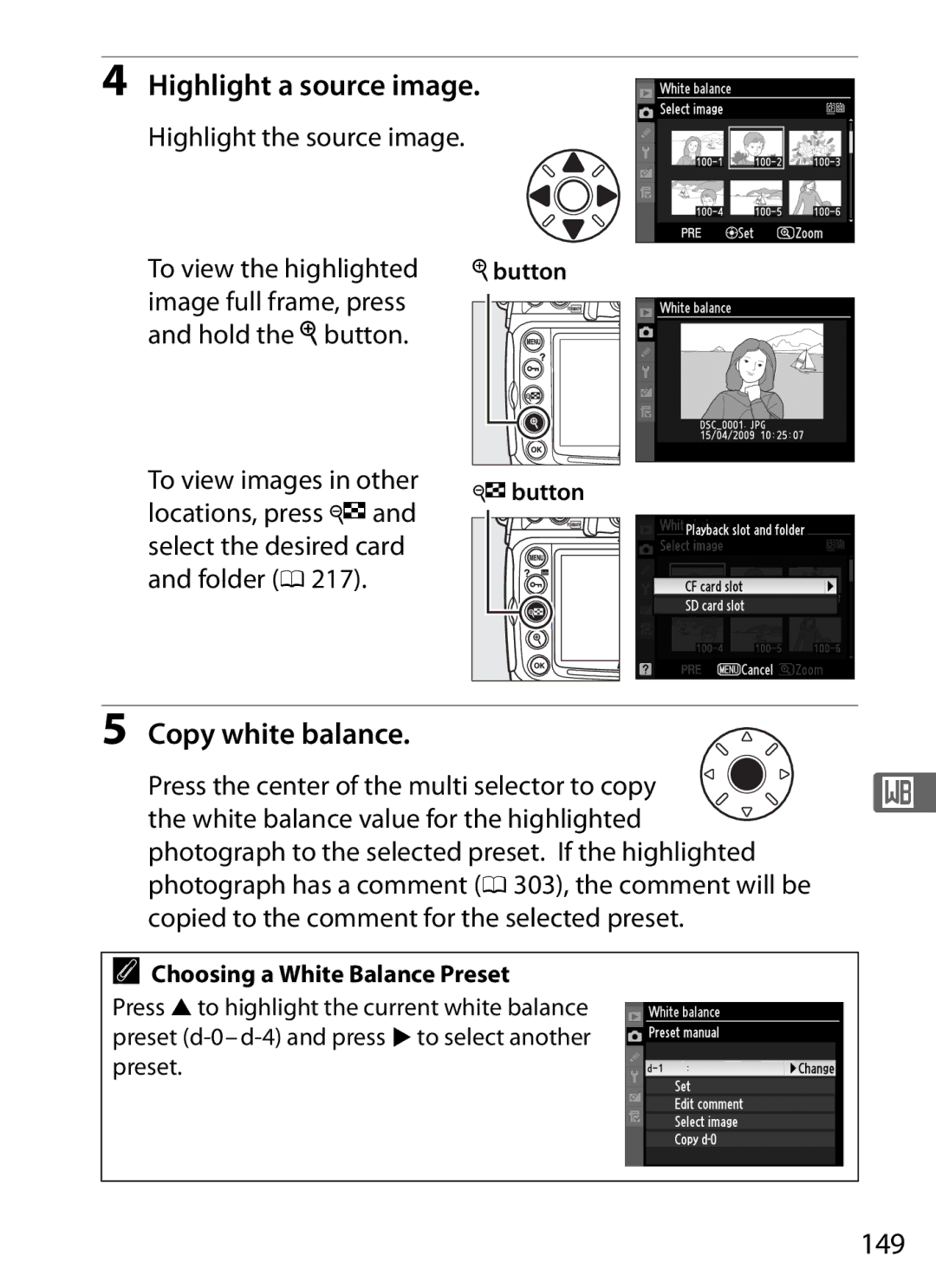 Nikon D300s manual Highlight a source image, Copy white balance, 149, Choosing a White Balance Preset 