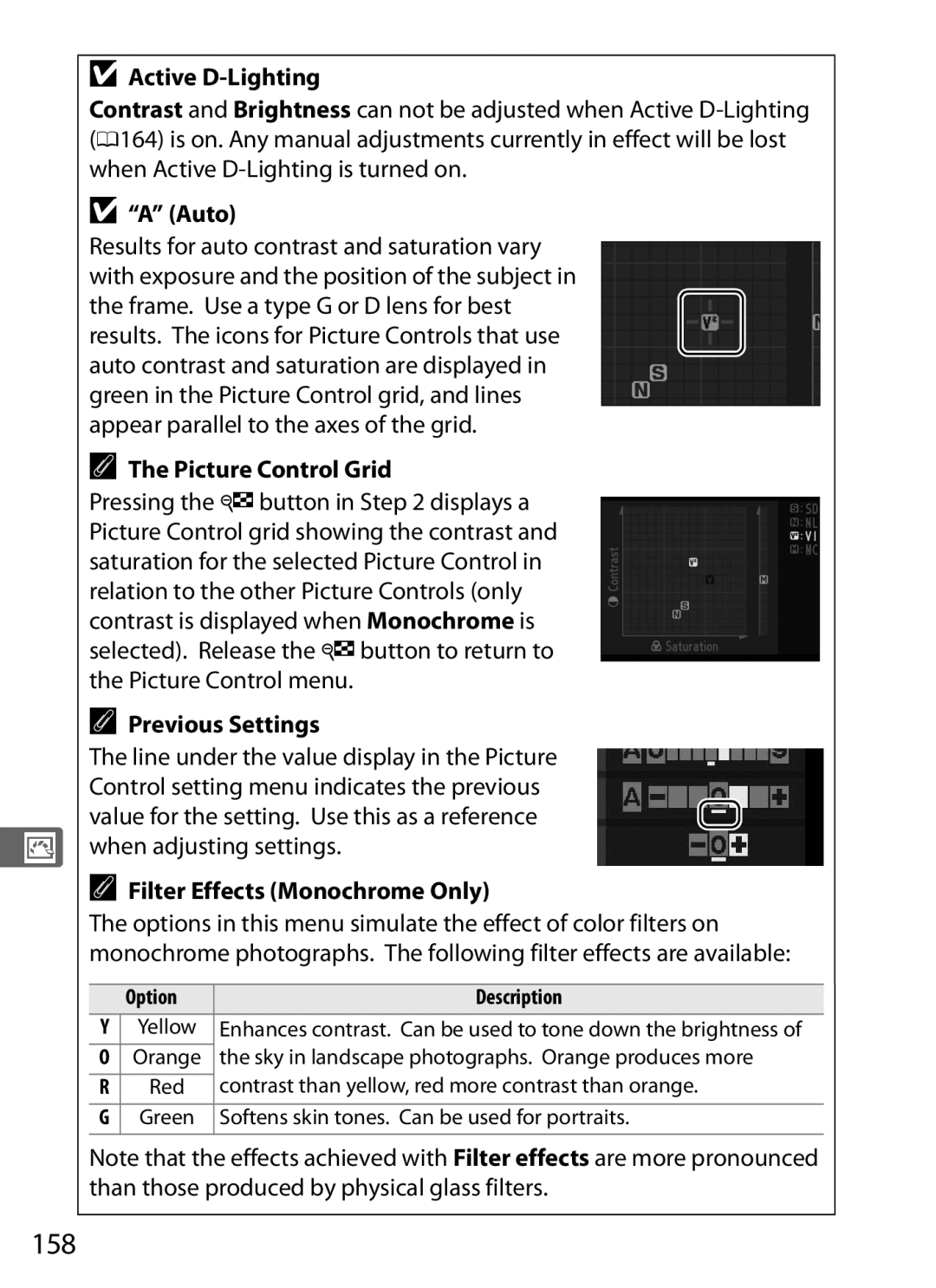 Nikon D300s manual 158, Auto, Picture Control Grid, Previous Settings, Filter Effects Monochrome Only 