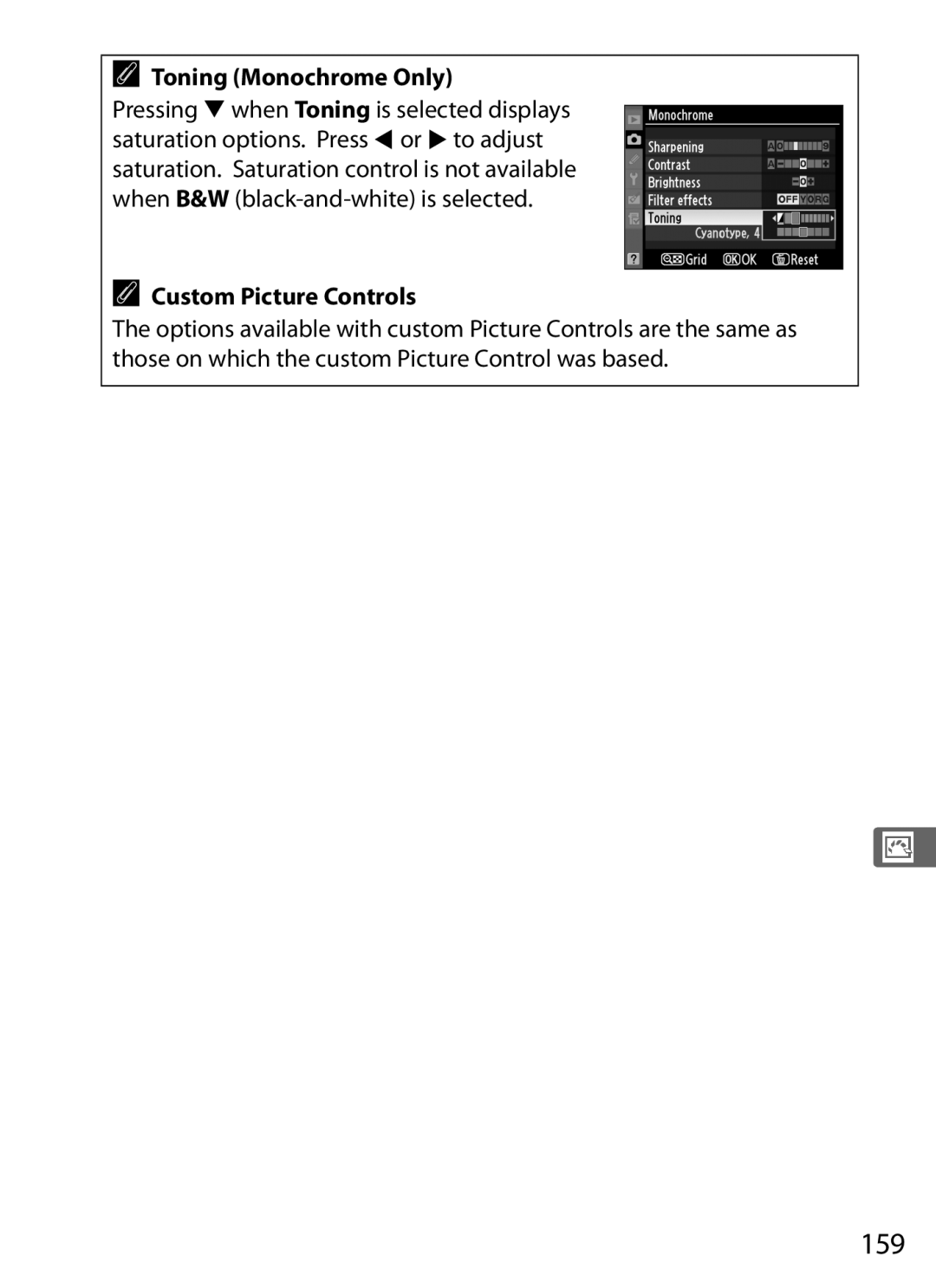 Nikon D300s manual 159, Toning Monochrome Only, Custom Picture Controls 