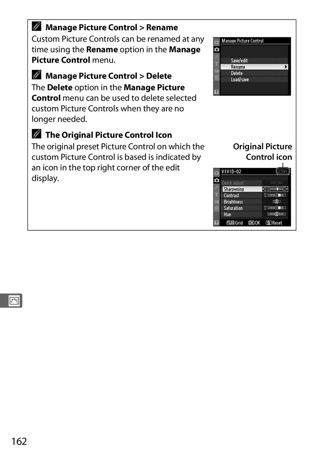 Nikon D300s manual 162, Manage Picture Control Rename, Original Picture Control icon 