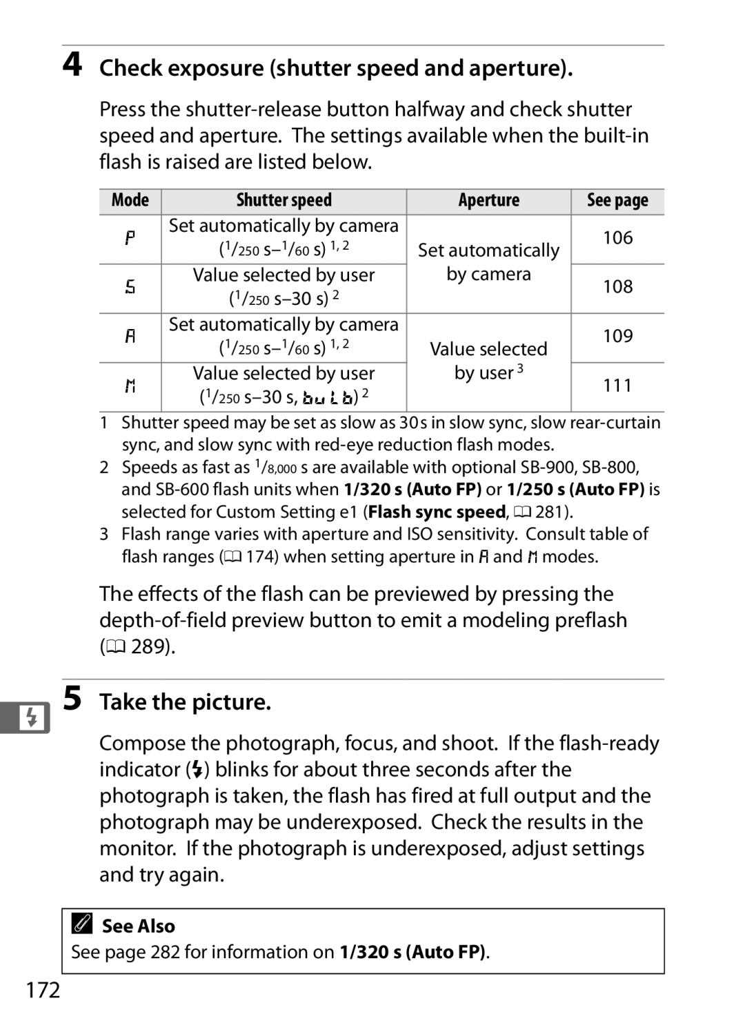 Nikon D300s manual Check exposure shutter speed and aperture, 172, Shutter speed Aperture 