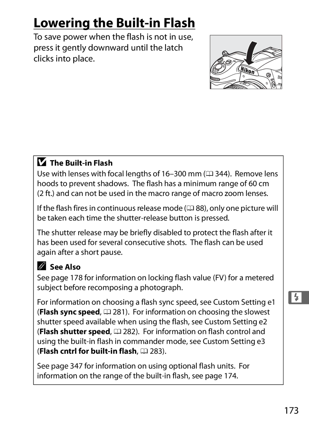 Nikon D300s manual Lowering the Built-in Flash, 173 