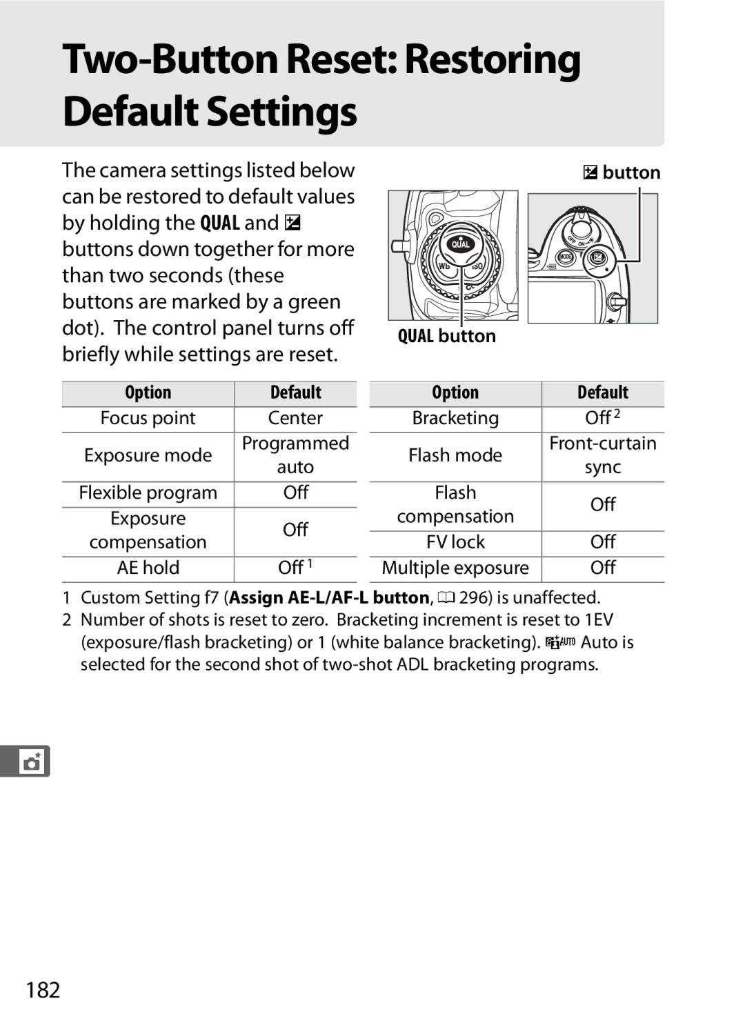 Nikon D300s manual 182, Off, Ebutton Qual button Option Default 