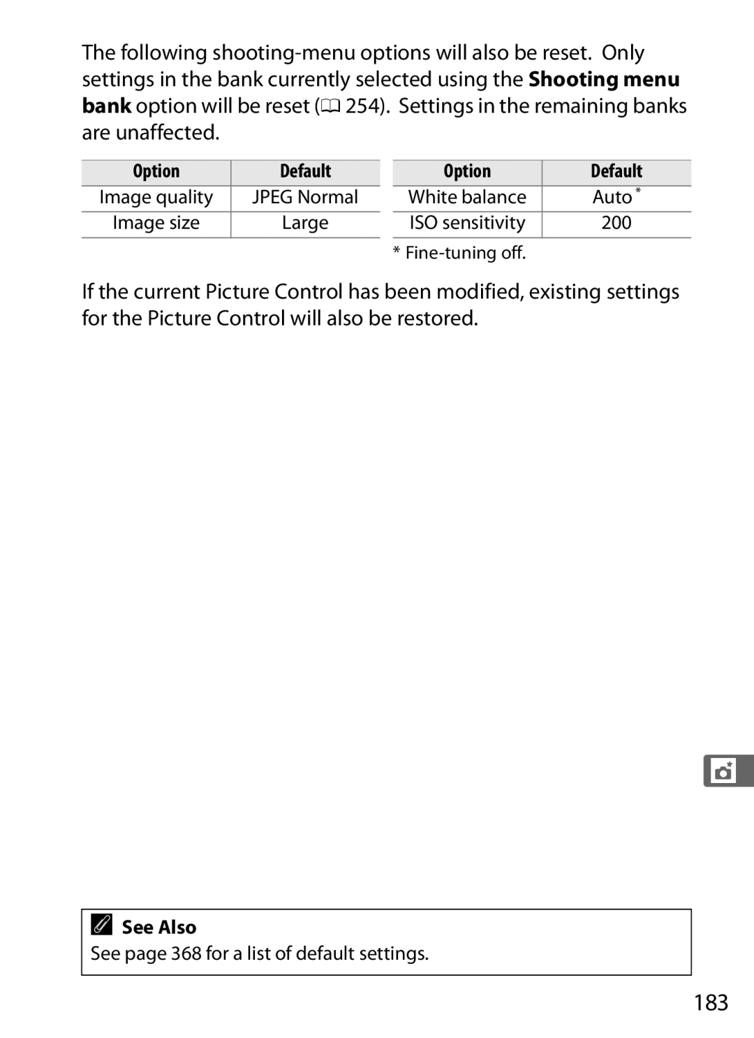 Nikon D300s manual 183, See page 368 for a list of default settings 