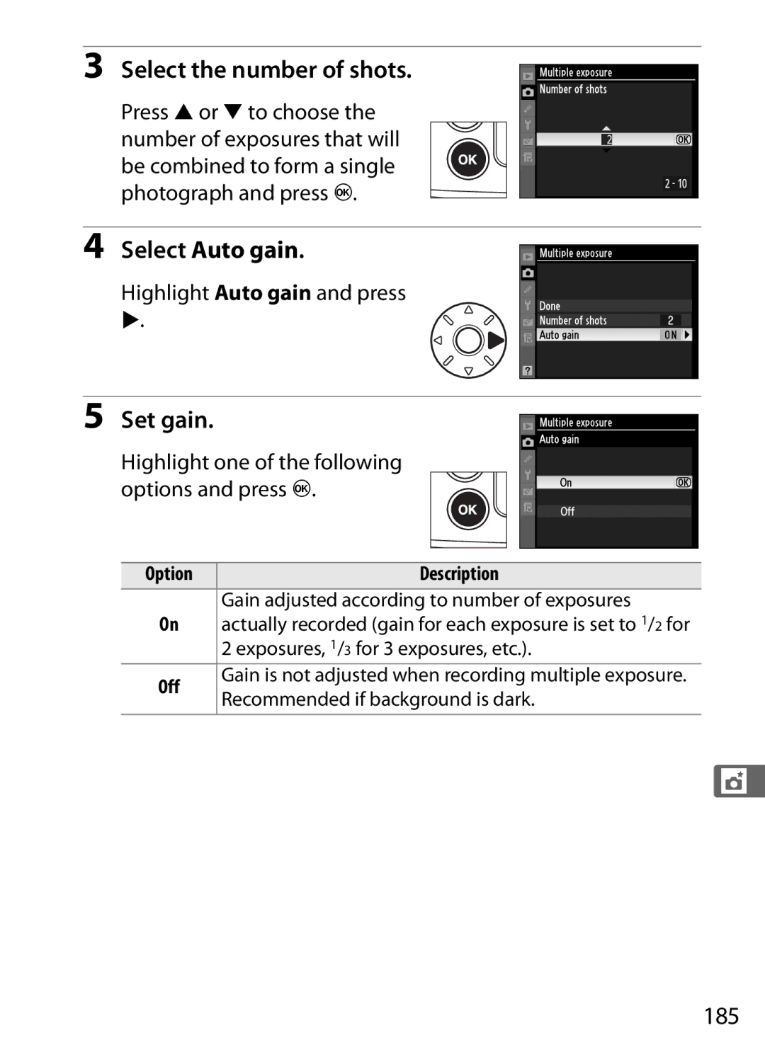 Nikon D300s manual Select the number of shots, Select Auto gain, Set gain, 185 