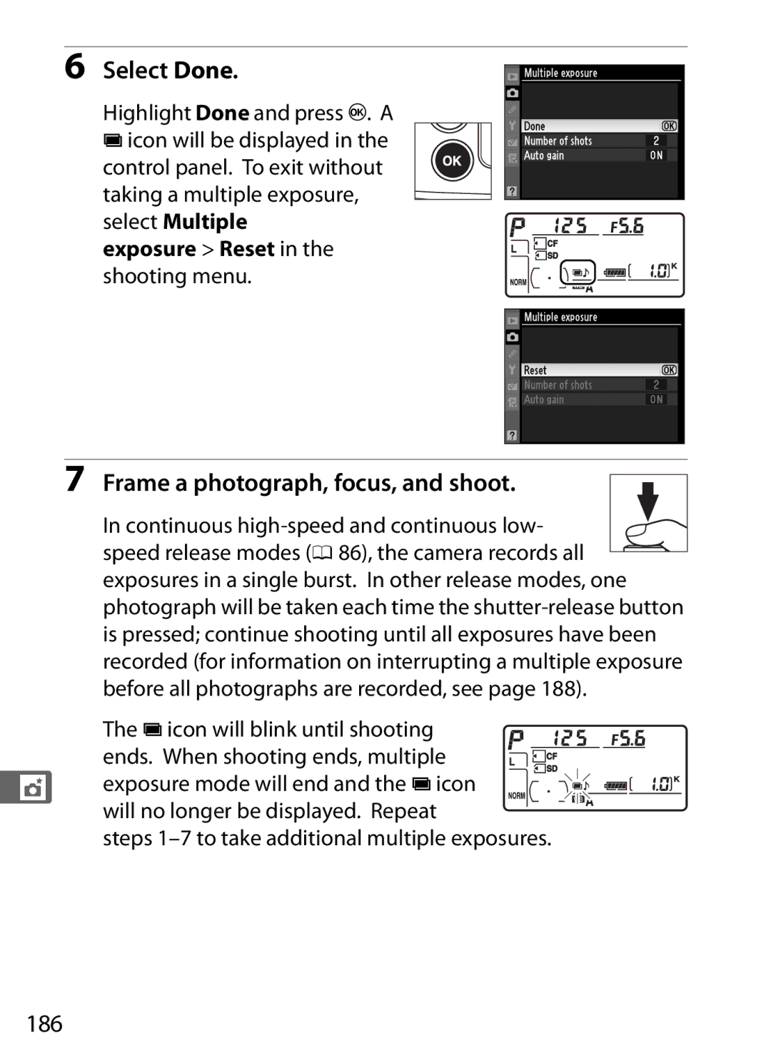 Nikon D300s manual Select Done, 186 