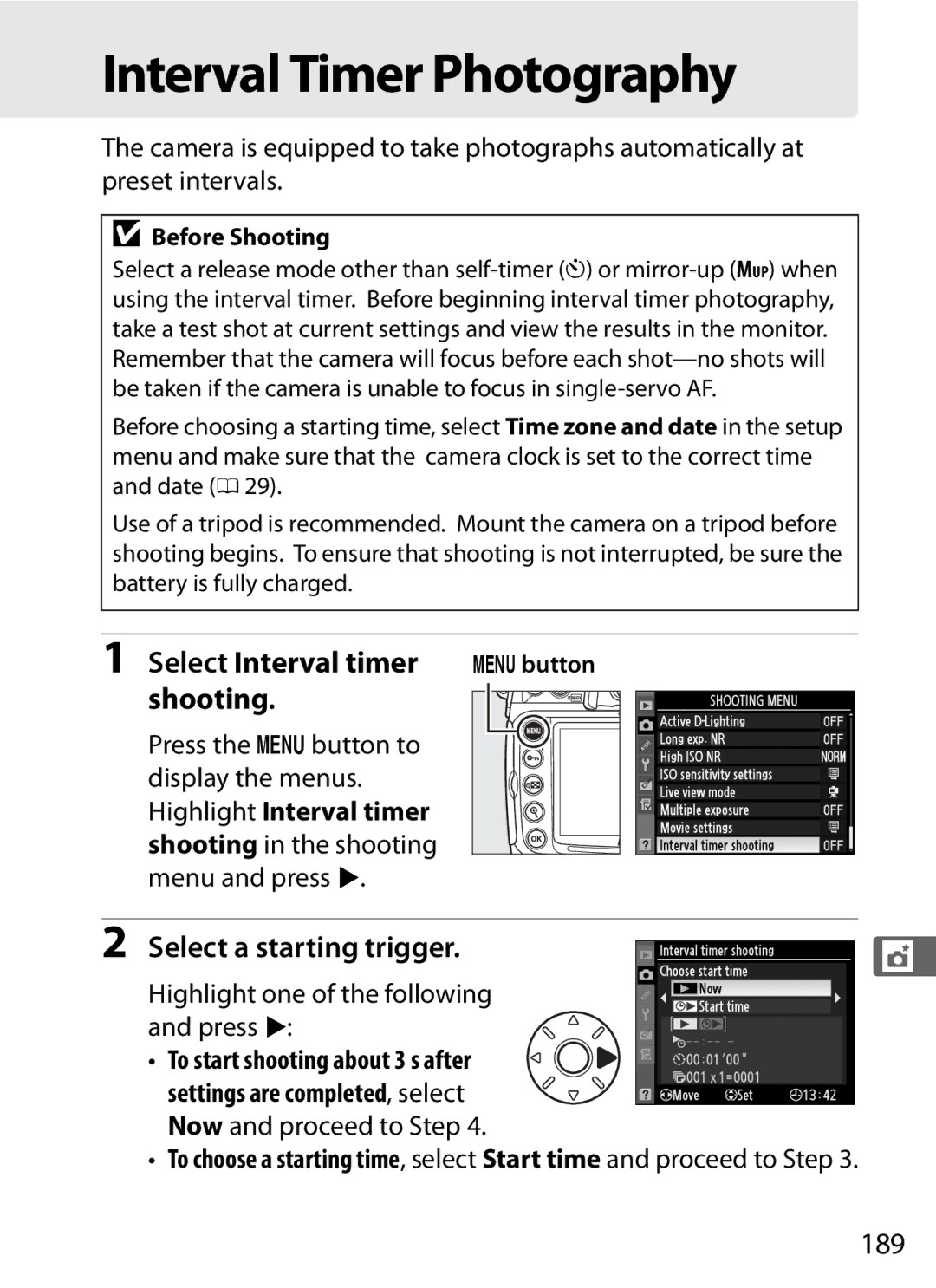 Nikon D300s manual Interval Timer Photography, Select Interval timer, Shooting, Select a starting trigger, 189 