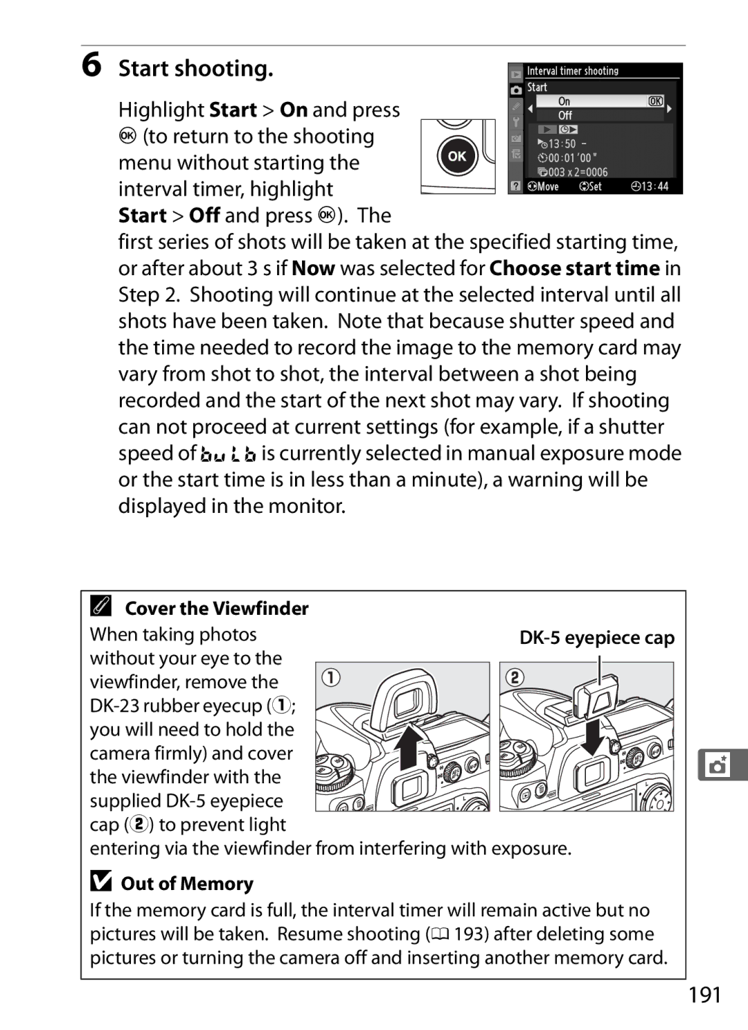 Nikon D300s manual Start shooting, 191, Out of Memory 