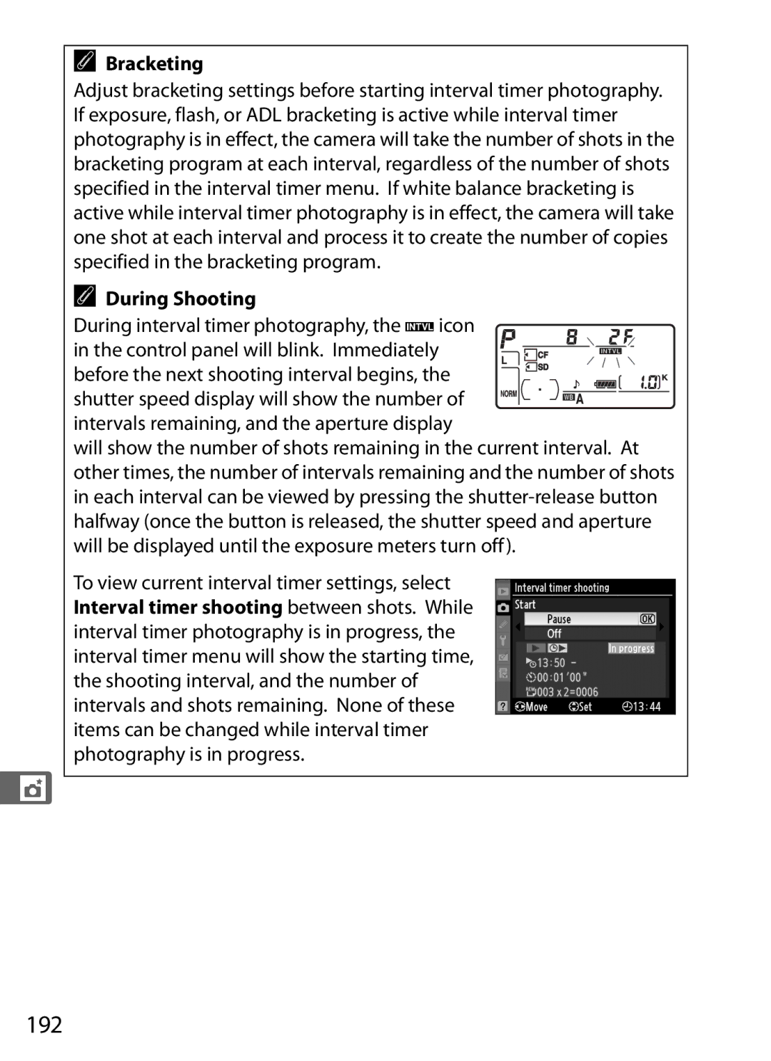 Nikon D300s manual 192, During Shooting, During interval timer photography, the Qicon 