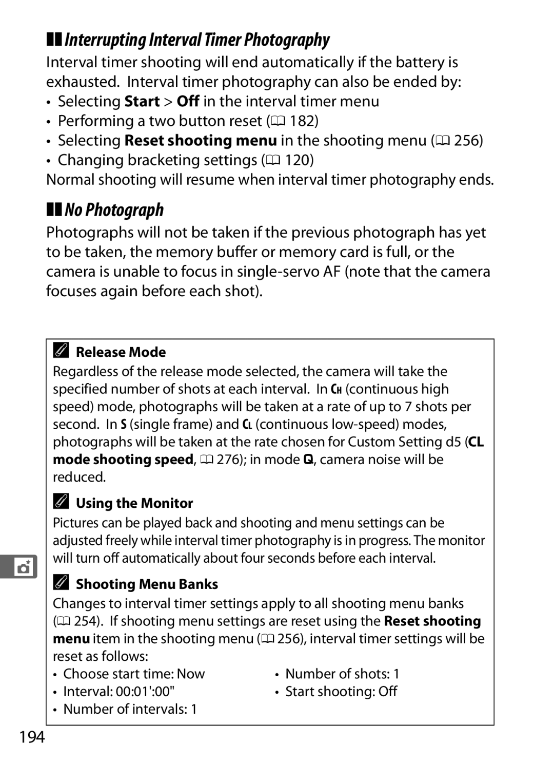 Nikon D300s manual Interrupting Interval Timer Photography, No Photograph, 194, Using the Monitor, Shooting Menu Banks 