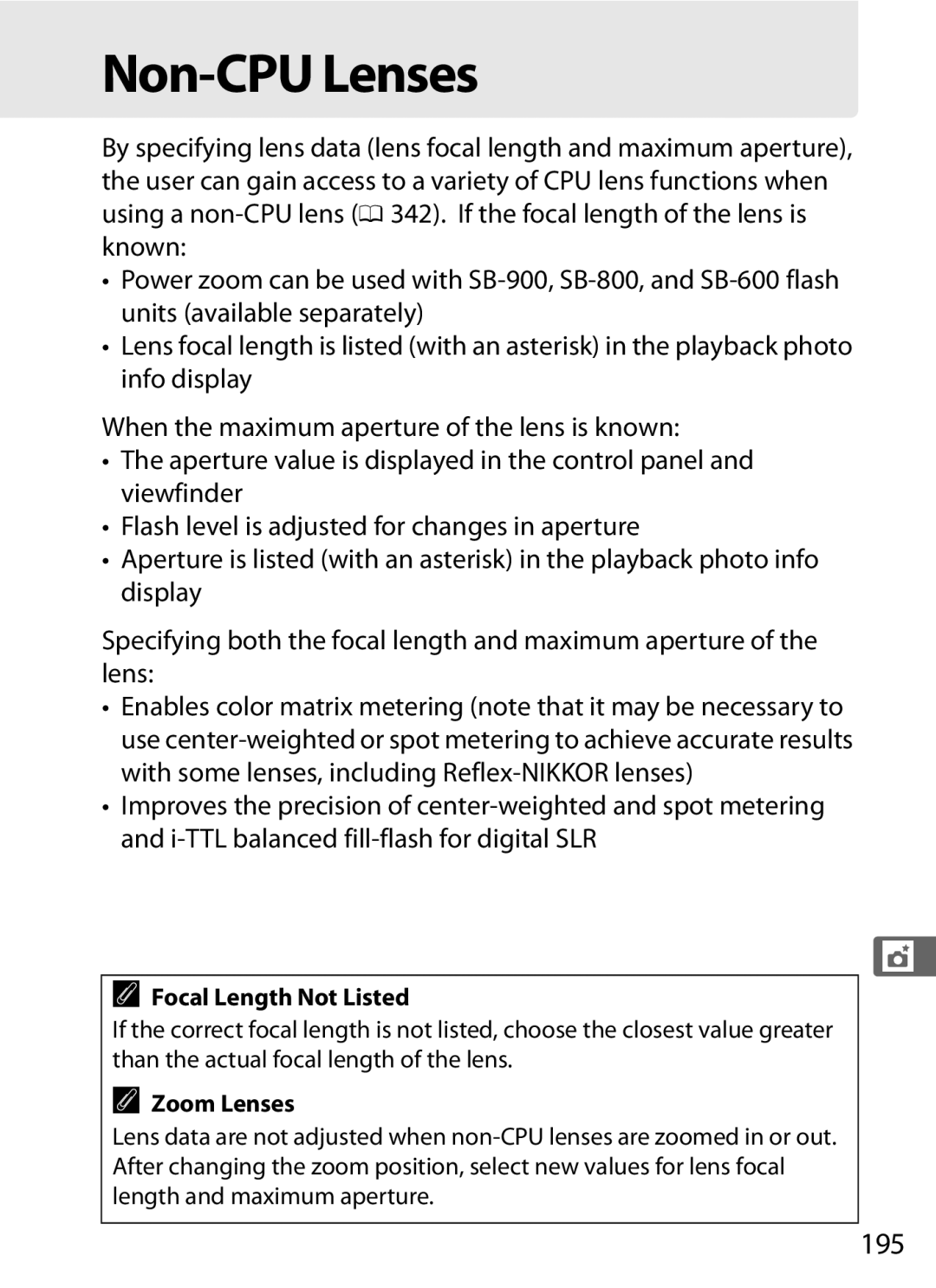 Nikon D300s manual Non-CPU Lenses, 195, Focal Length Not Listed, Zoom Lenses 