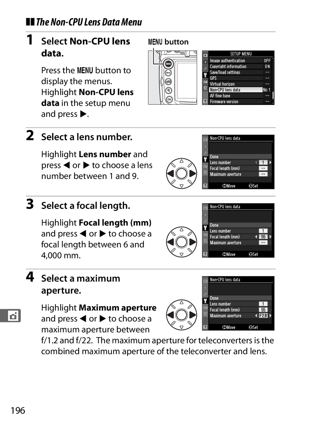 Nikon D300s Non-CPU Lens Data Menu, Select Non-CPU lens Gbutton data, Select a lens number, Select a focal length, 196 