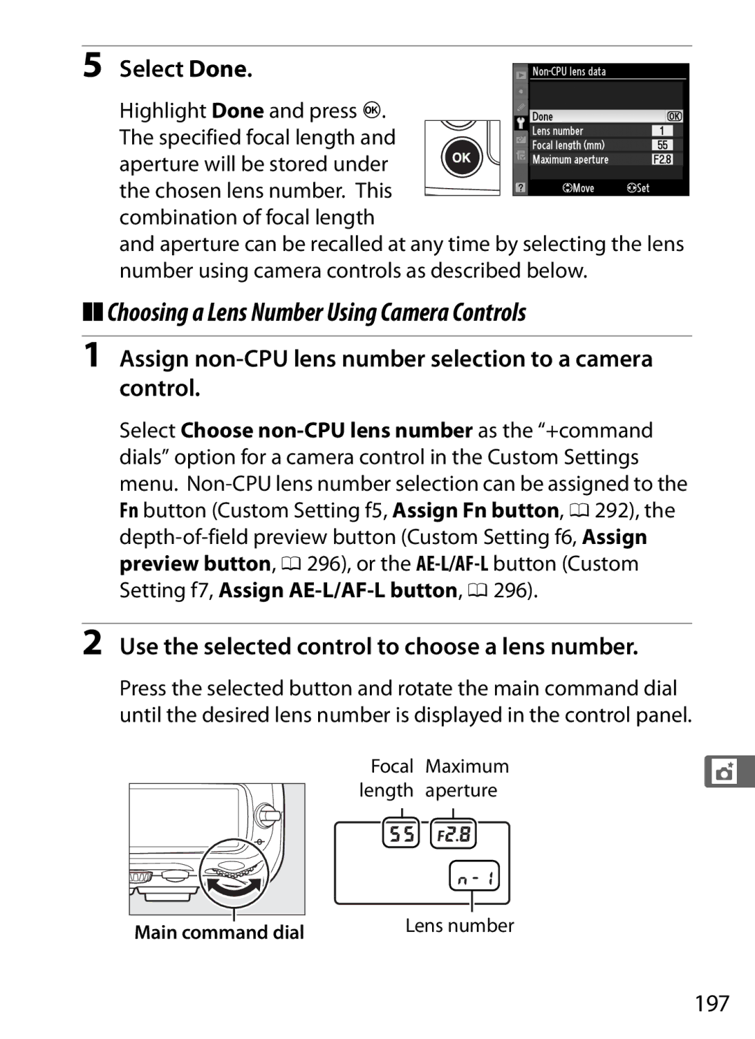 Nikon D300s Choosing a Lens Number Using Camera Controls, Assign non-CPU lens number selection to a camera control, 197 