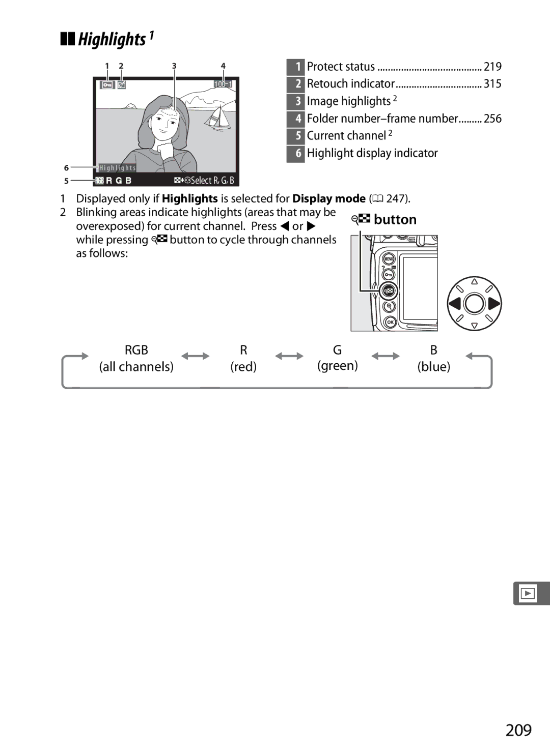 Nikon D300s manual Highlights, 209 