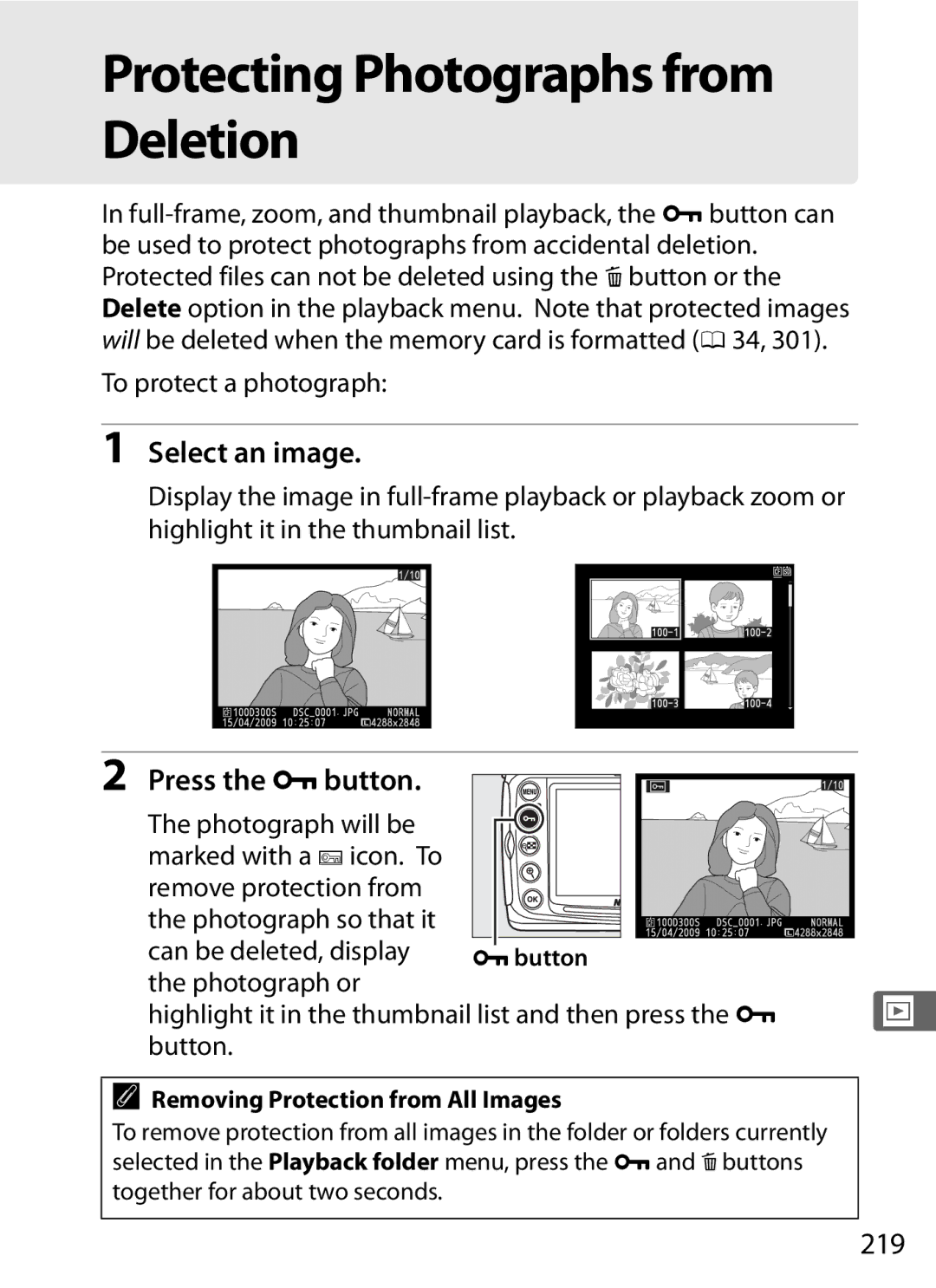 Nikon D300s manual Protecting Photographs from Deletion, Select an image, Press the Lbutton, 219 