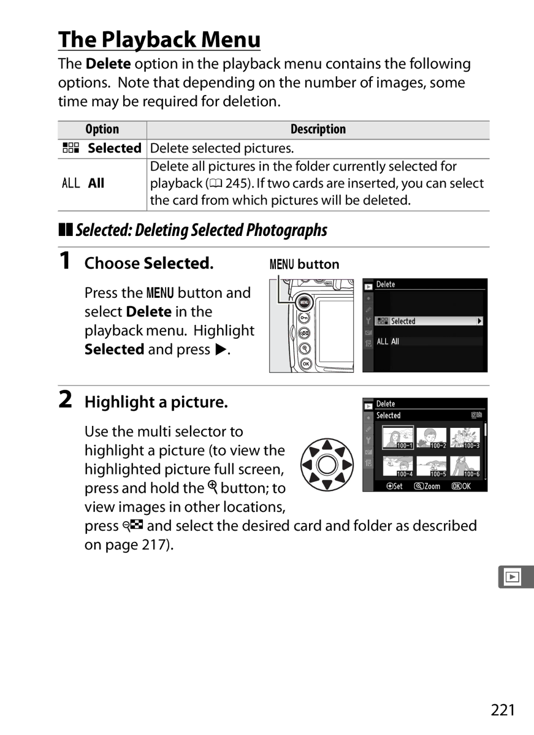 Nikon D300s manual Playback Menu, Selected Deleting Selected Photographs, Choose Selected, Highlight a picture, 221 