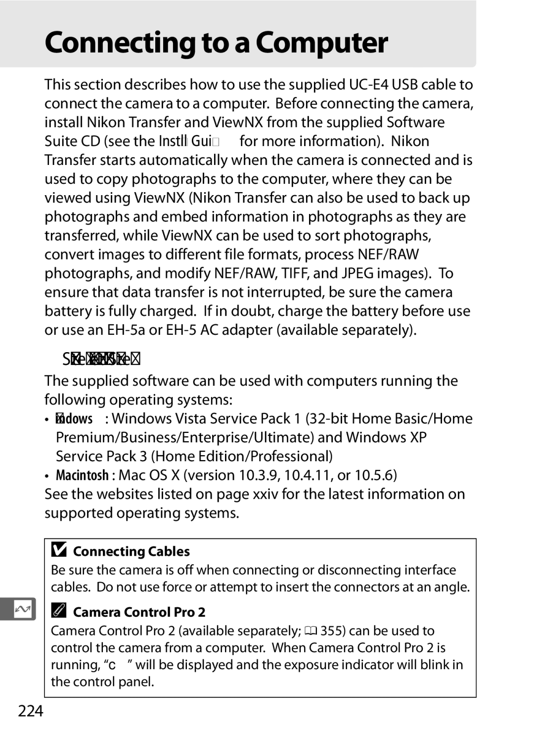 Nikon D300s manual Connecting to a Computer, Supported Operating Systems, 224, Connecting Cables, Camera Control Pro 