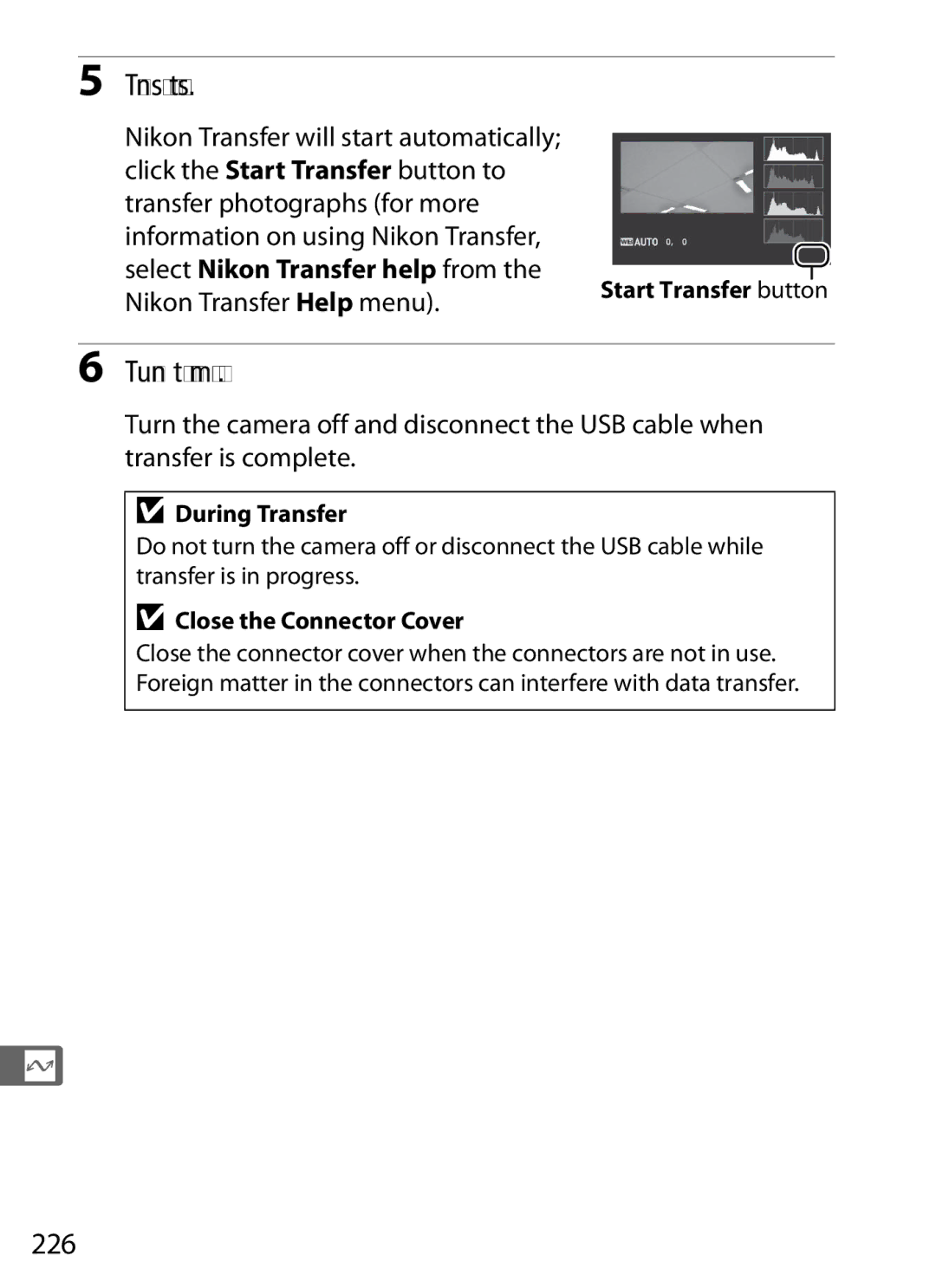 Nikon D300s manual Transfer photographs, 226, Select Nikon Transfer help from, Nikon Transfer Help menu 