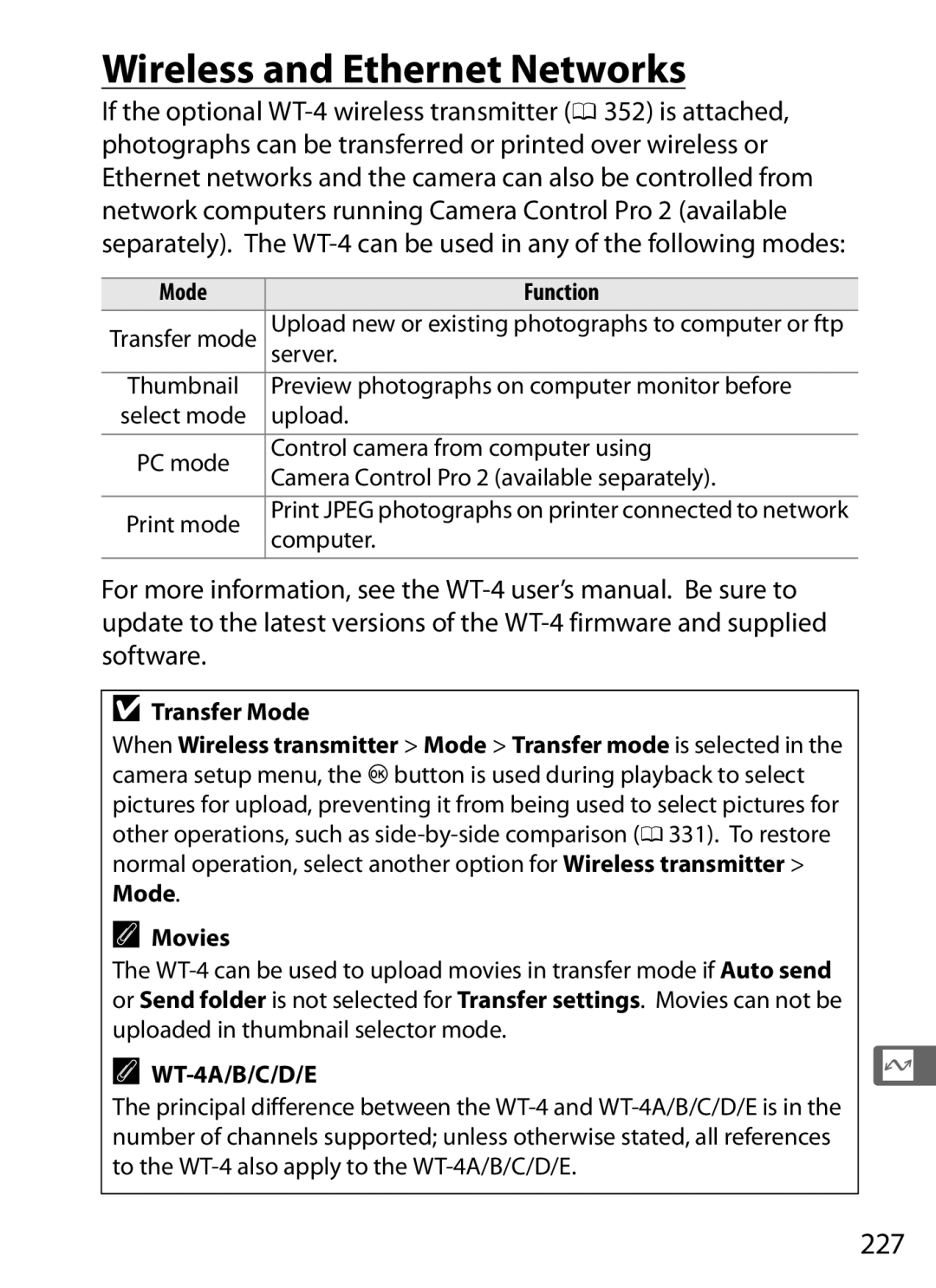 Nikon D300s manual Wireless and Ethernet Networks, 227, Mode Function, Transfer Mode, Movies 