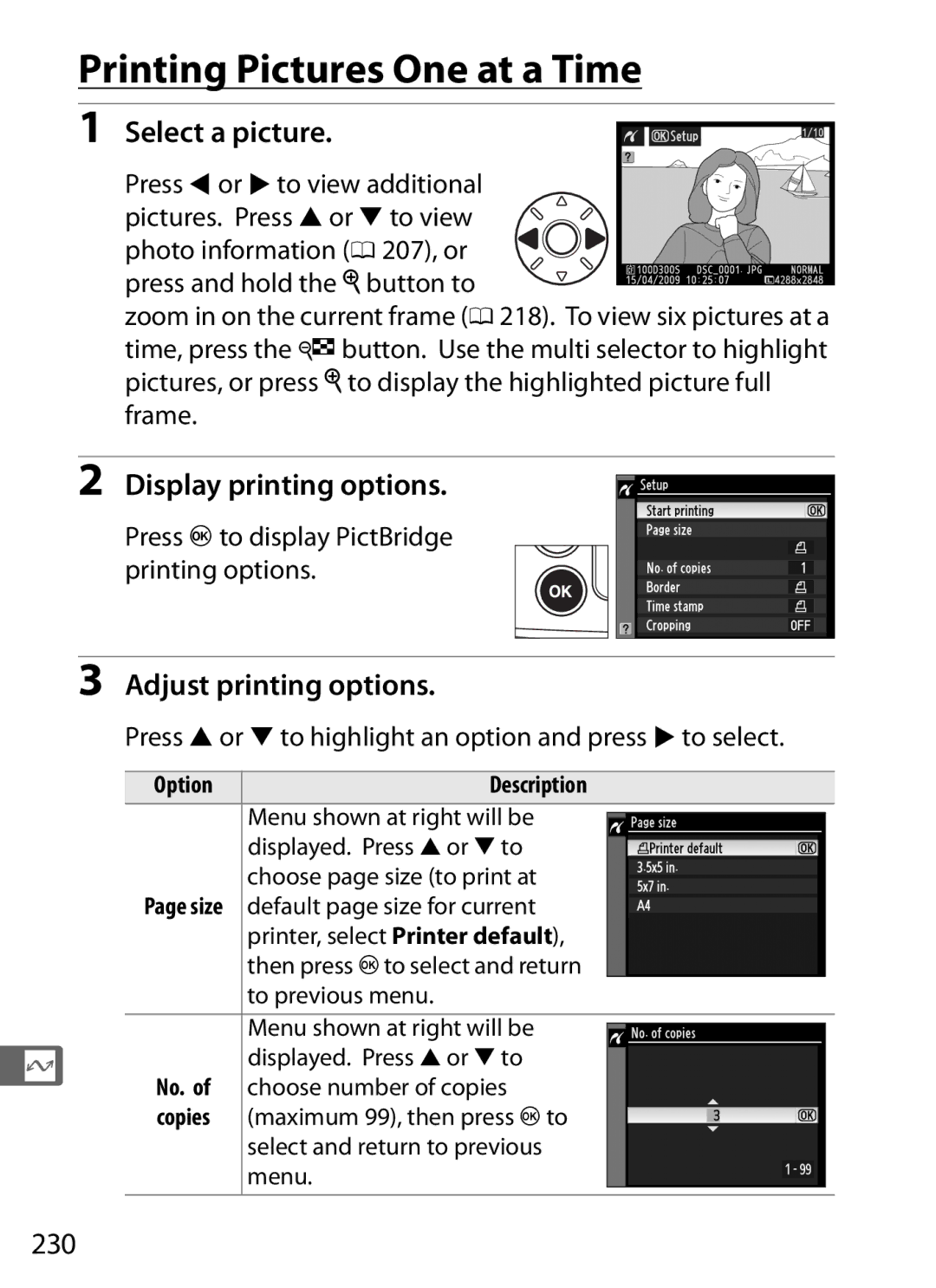 Nikon D300s Printing Pictures One at a Time, Select a picture, Display printing options, Adjust printing options, 230 