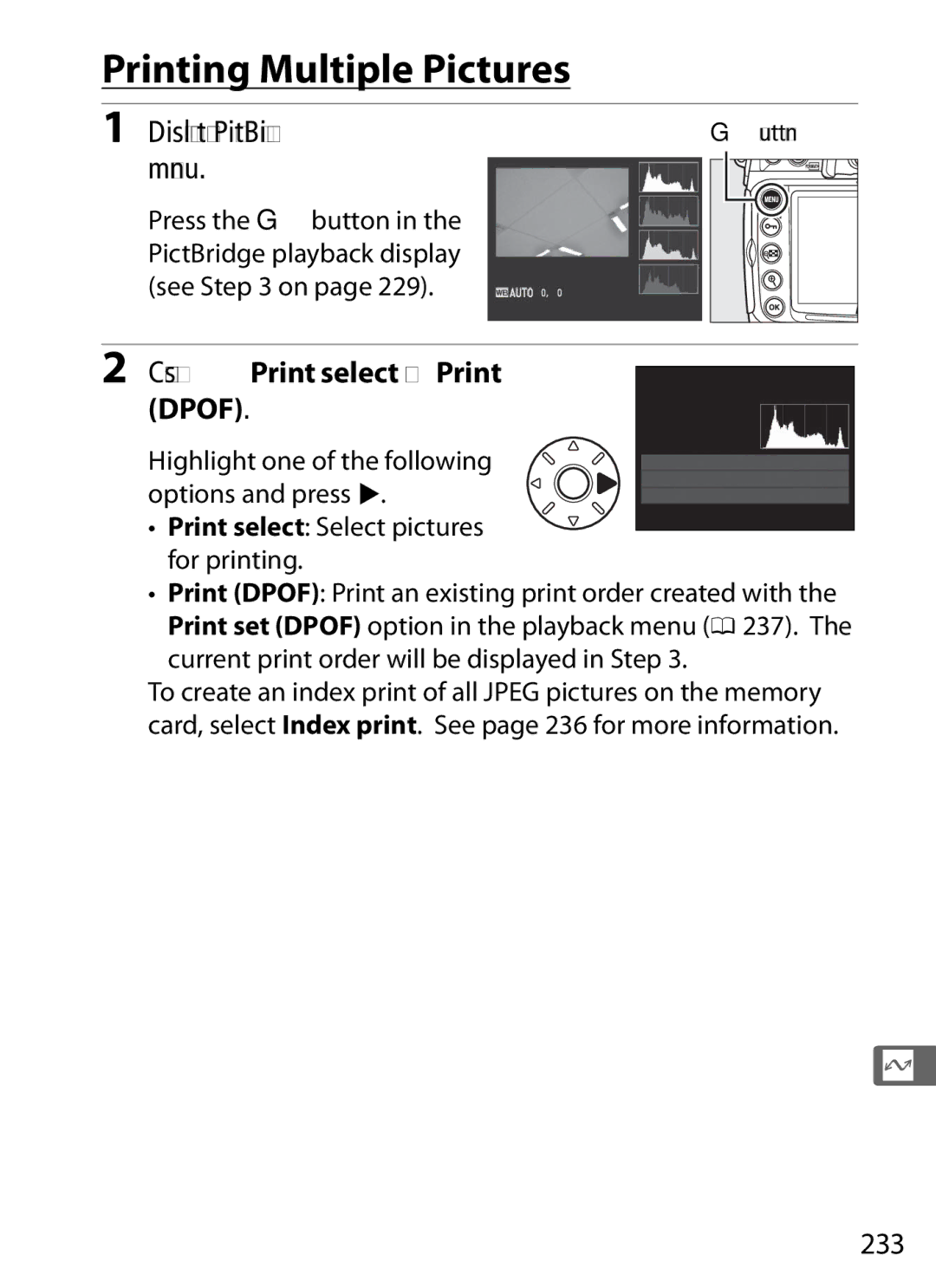 Nikon D300s manual Printing Multiple Pictures, Display the PictBridge, Menu, Choose Print select or Print Dpof, 233 