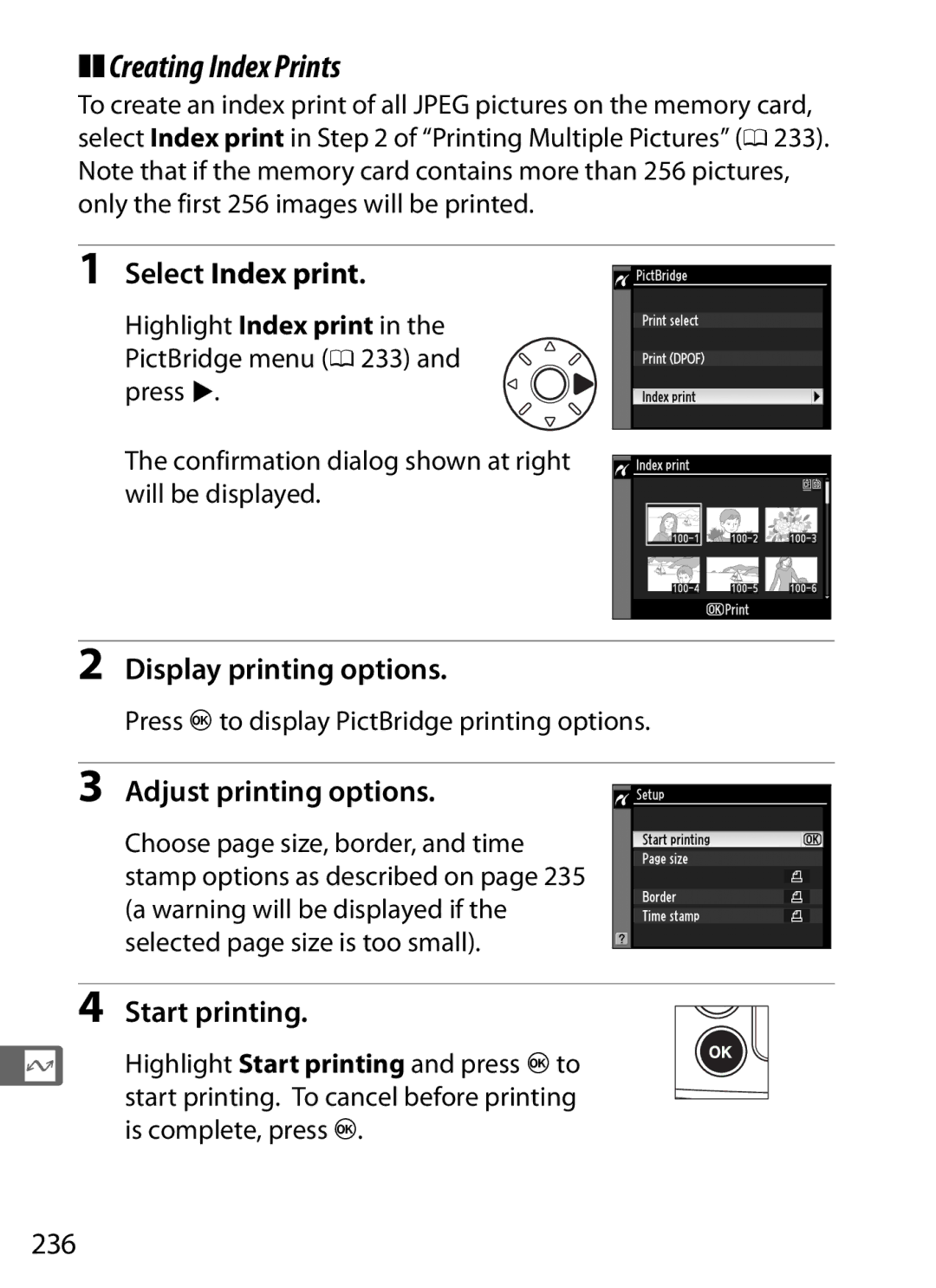 Nikon D300s manual Creating Index Prints, Select Index print, 236 