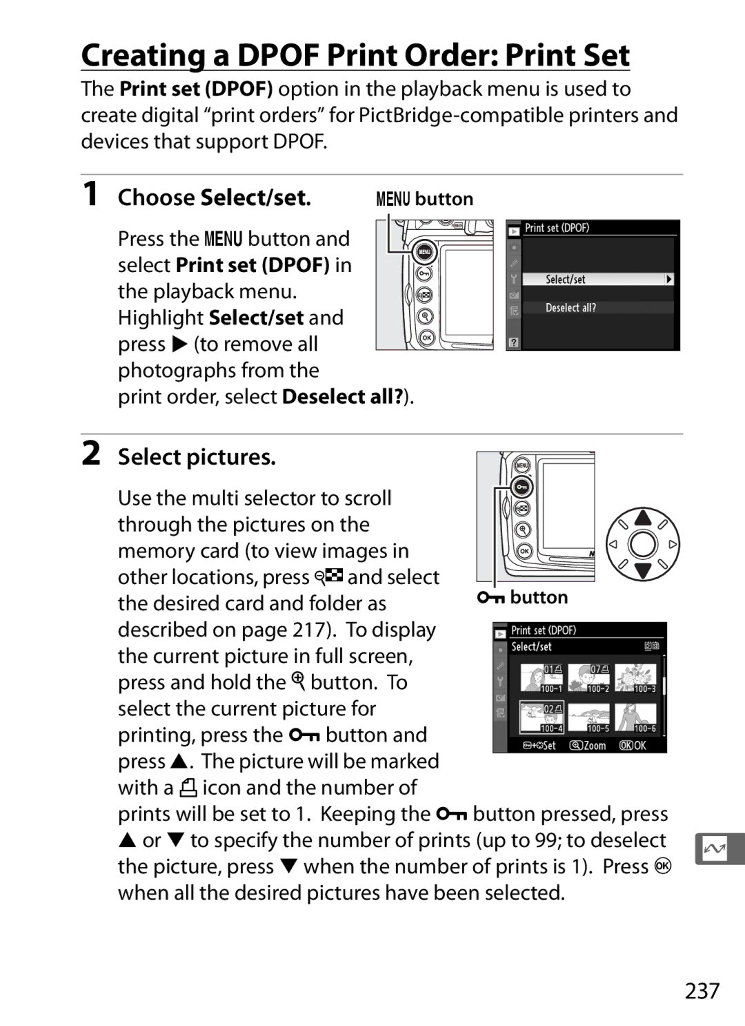 Nikon D300s manual Creating a Dpof Print Order Print Set, Choose Select/set, 237, Press the Gbutton, Select Print set Dpof 