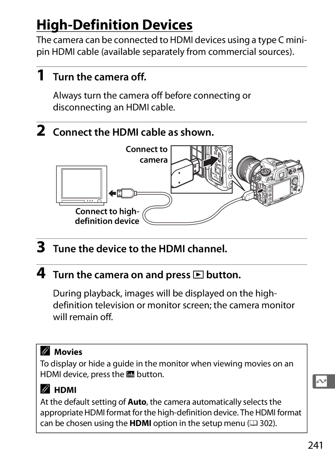 Nikon D300s manual High-Definition Devices, Connect the Hdmi cable as shown, 241, Connect to high- definition device 