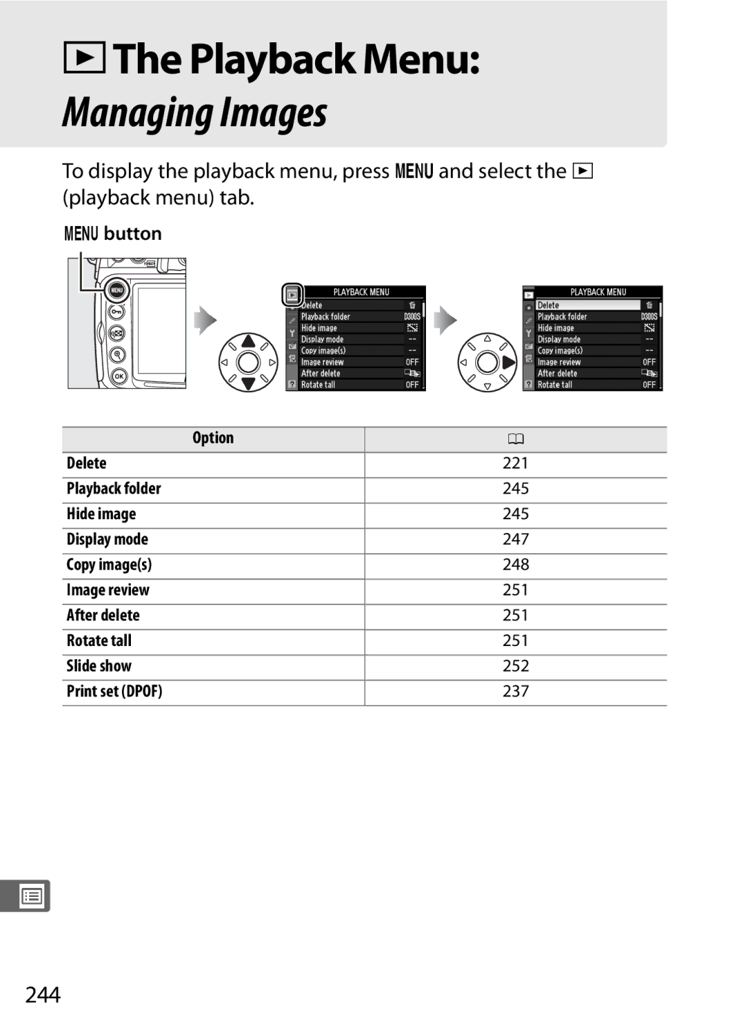 Nikon D300s manual DThe Playback Menu, 244 