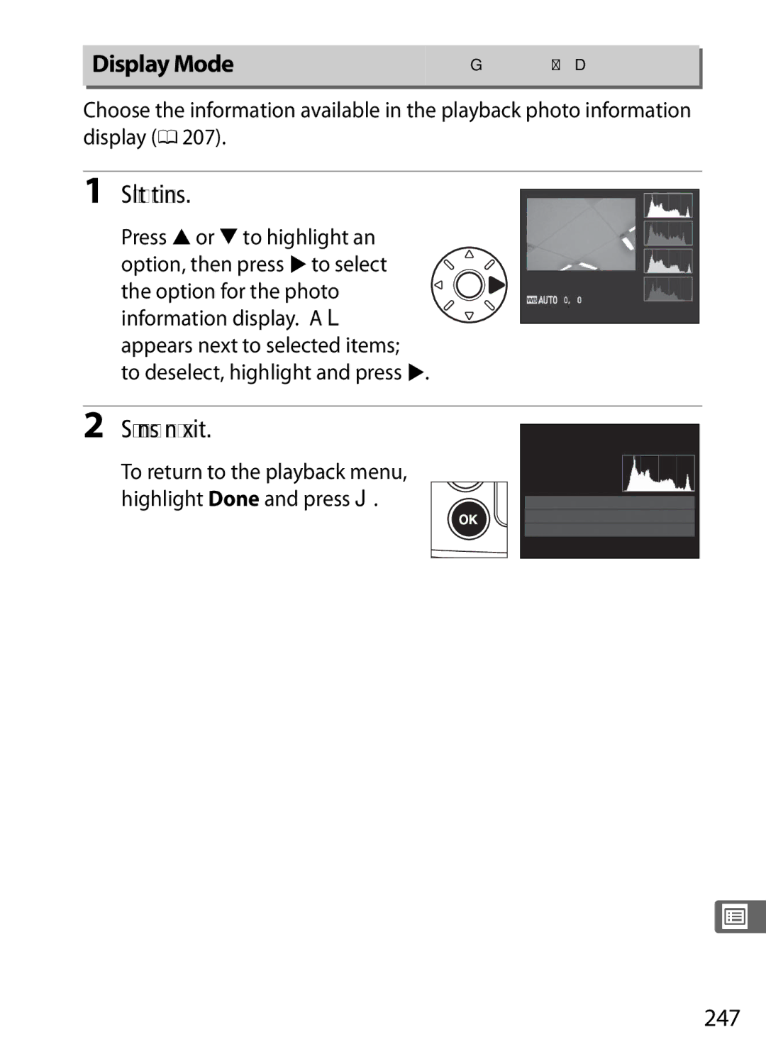 Nikon D300s manual Display Mode, Select options, Save changes and exit, 247 