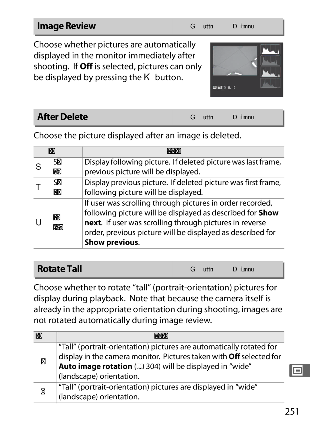 Nikon D300s manual Image Review, After Delete, Rotate Tall, 251, Choose the picture displayed after an image is deleted 