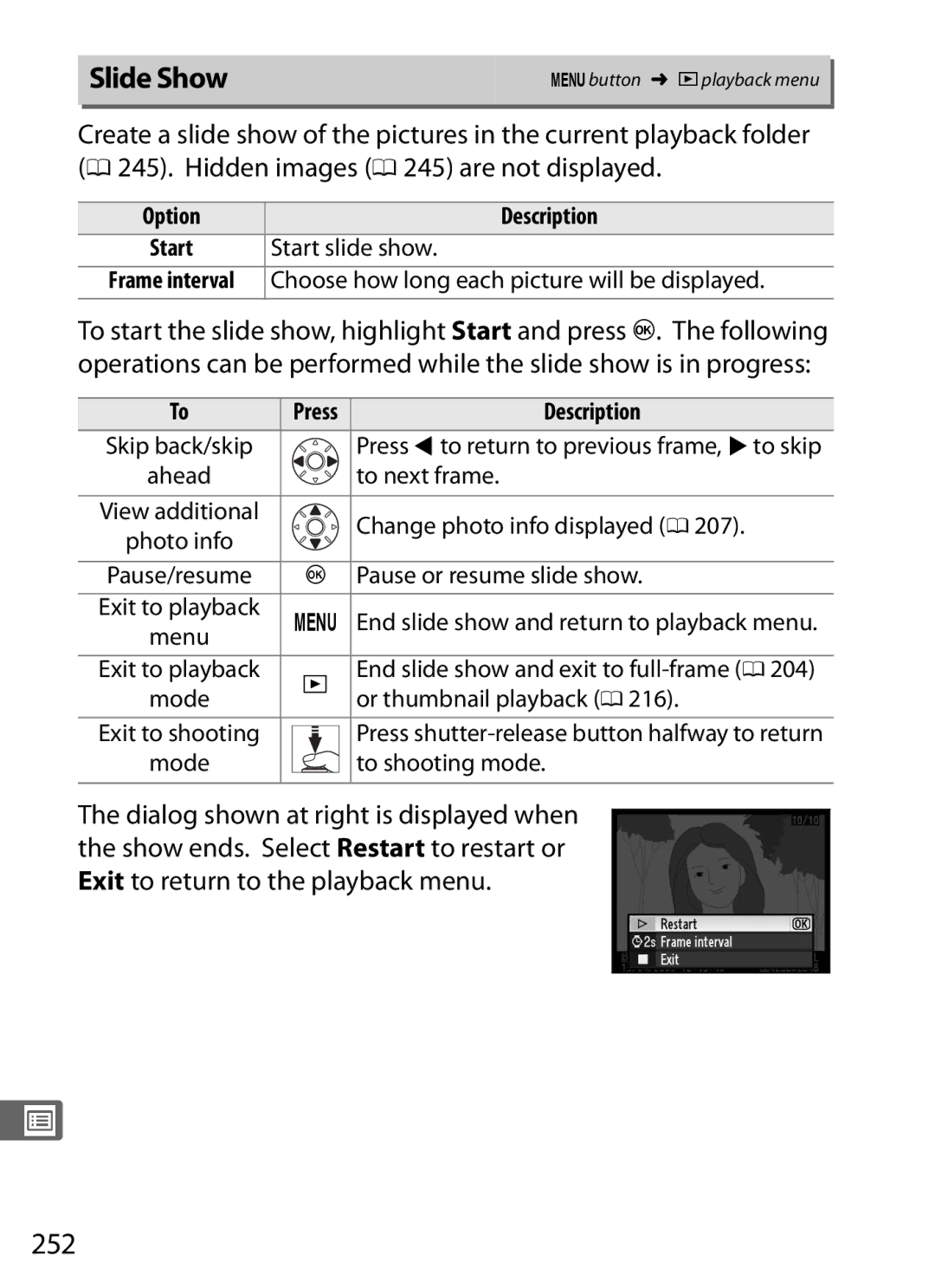 Nikon D300s manual Slide Show, 252, Exit to return to the playback menu, Start slide show 