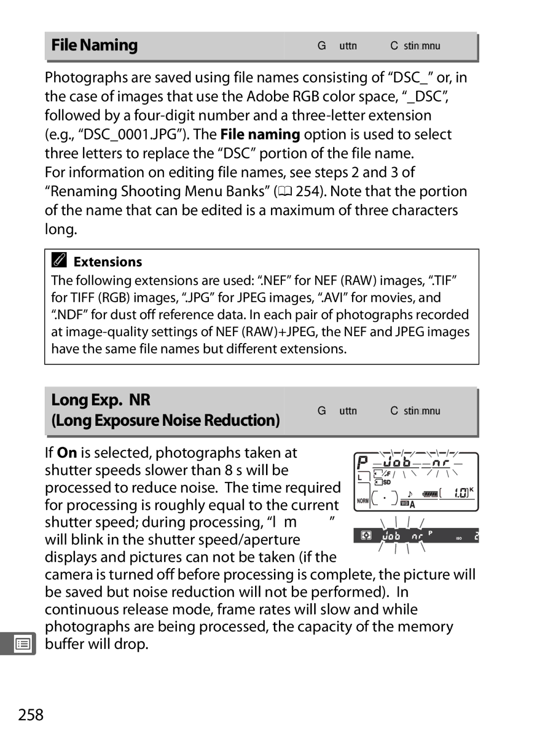 Nikon D300s manual File Naming, Long Exp. NR, 258, Long ExposureNoise Reduction, Extensions 