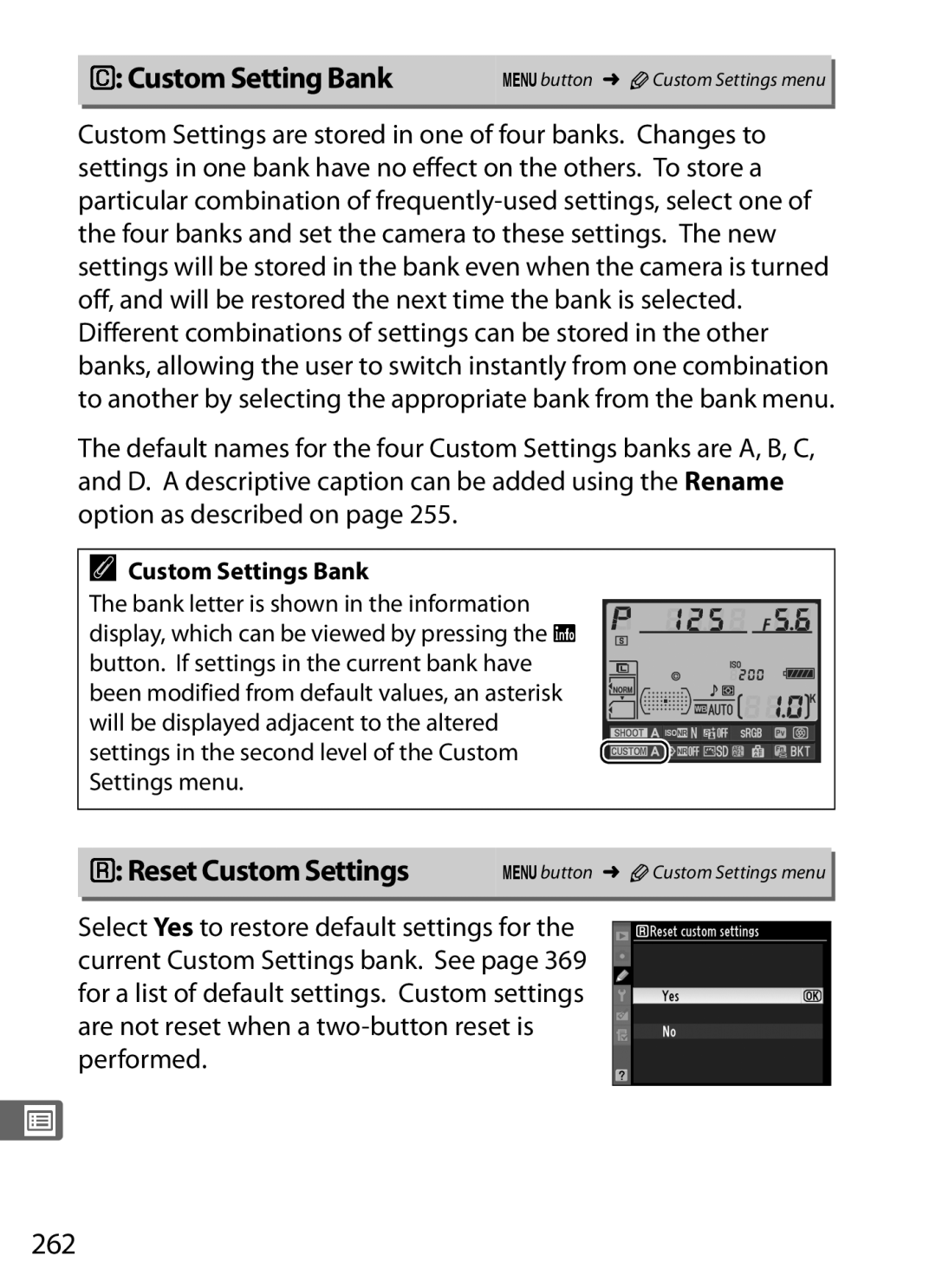 Nikon D300s manual Custom Setting Bank, Reset Custom Settings, 262, Option as described on, Custom Settings Bank 