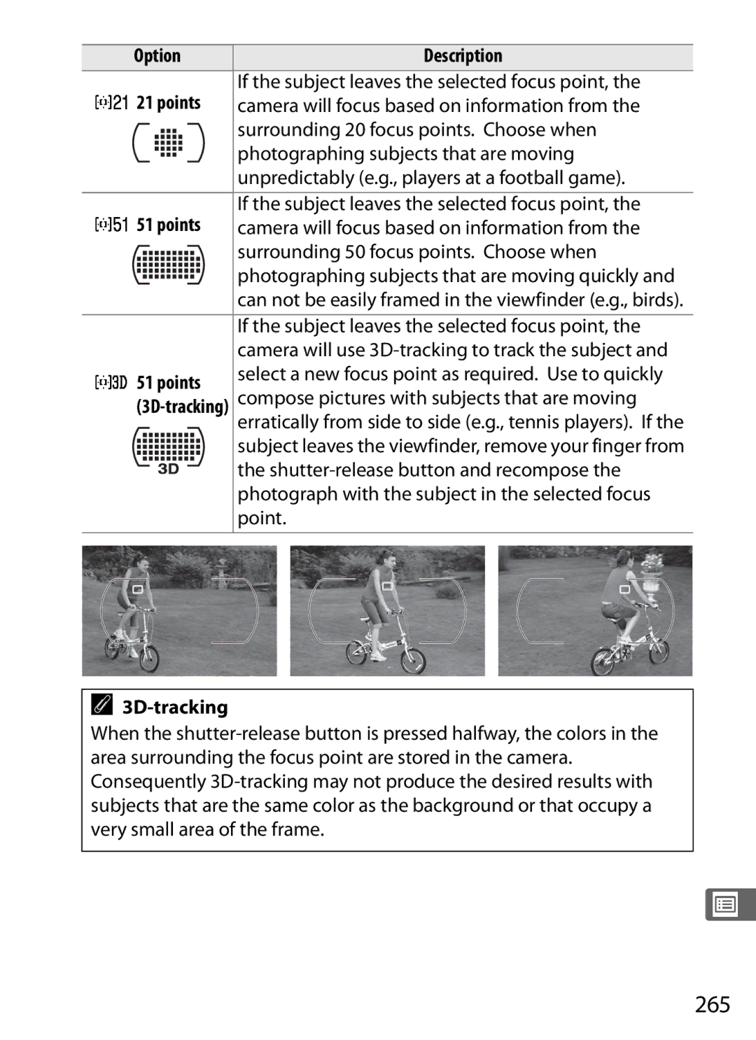 Nikon D300s manual 265, Option Description Points, 3D-tracking 