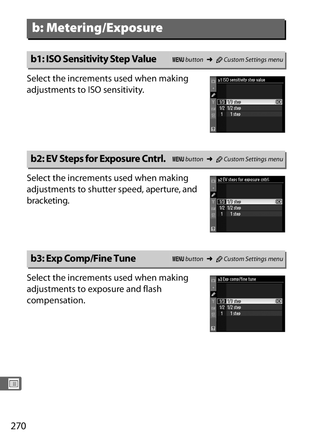 Nikon D300s manual B3 Exp Comp/Fine Tune, 270, B1 ISO Sensitivity Step Value 