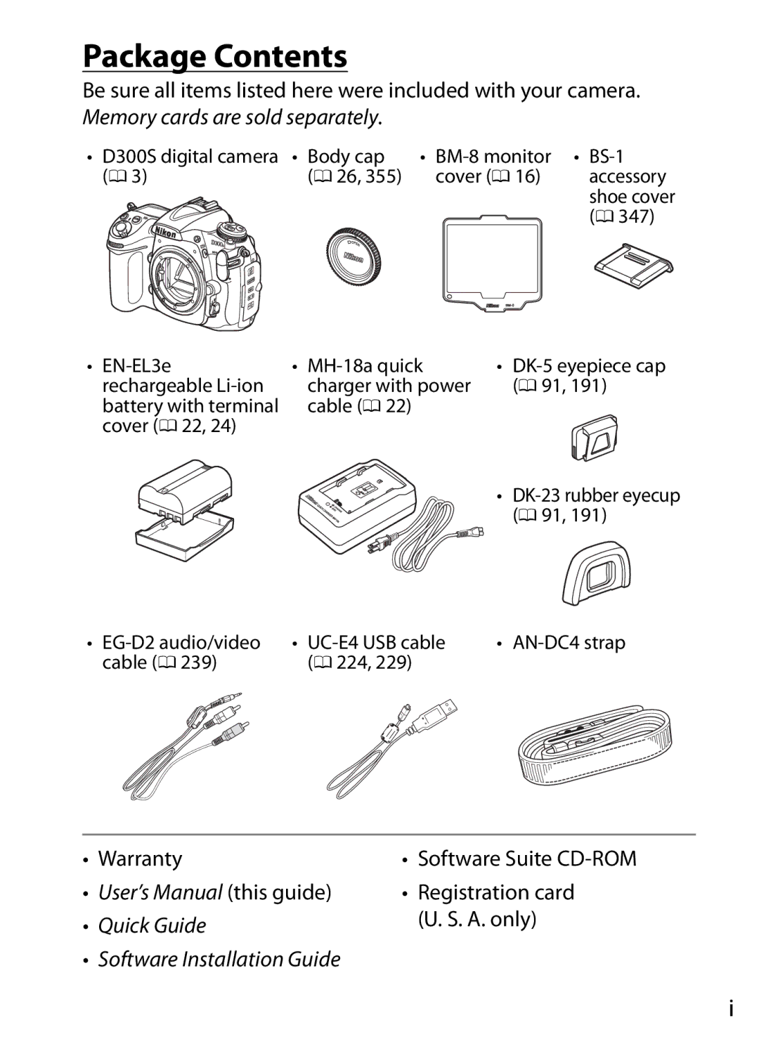 Nikon D300s manual Package Contents 