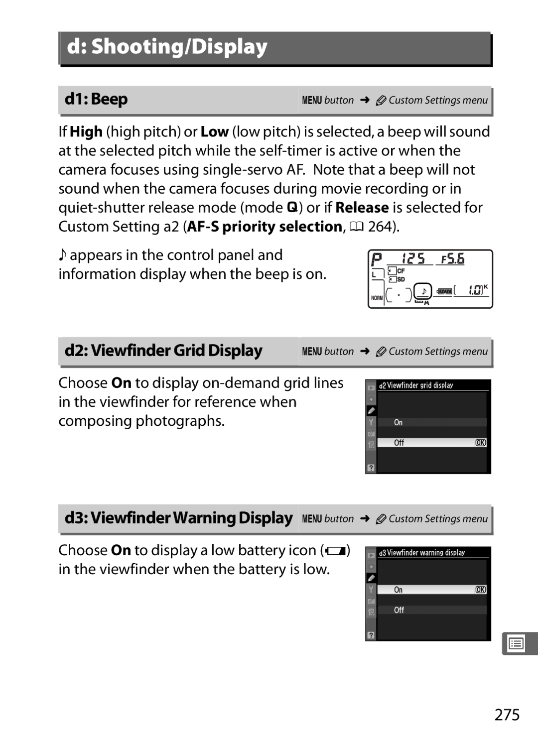 Nikon D300s manual D1 Beep, D2 Viewfinder Grid Display, D3 Viewfinder Warning Display Gbutton ACustom Settings menu, 275 