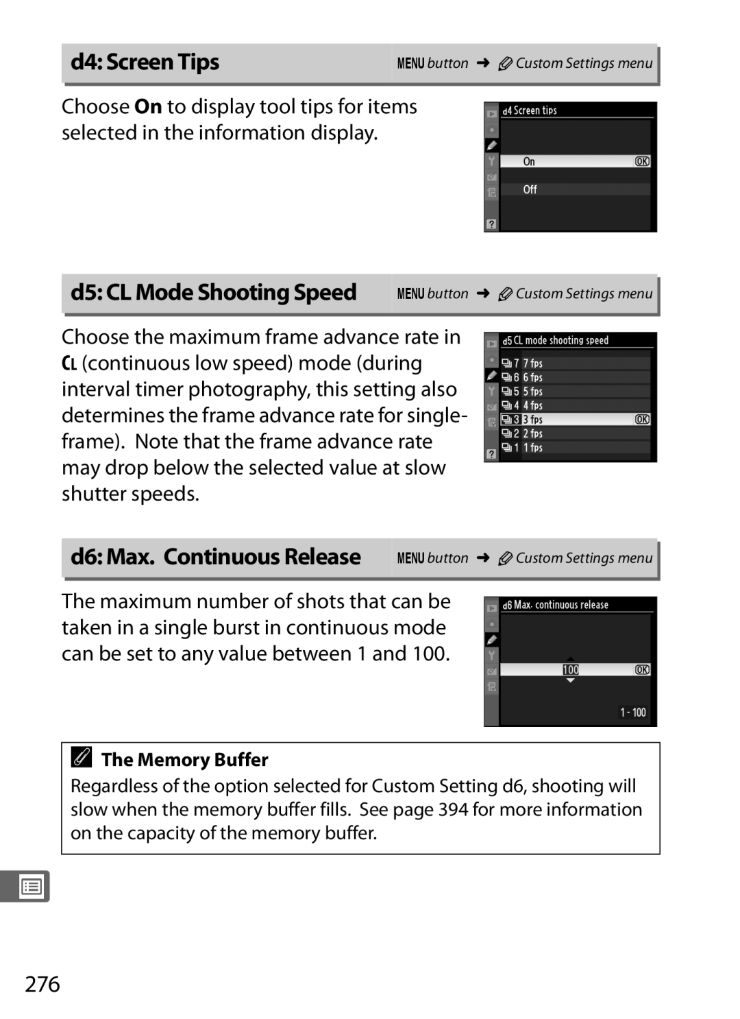 Nikon D300s manual D4 Screen Tips, D5 CL Mode Shooting Speed Gbutton ACustom Settings menu, 276 