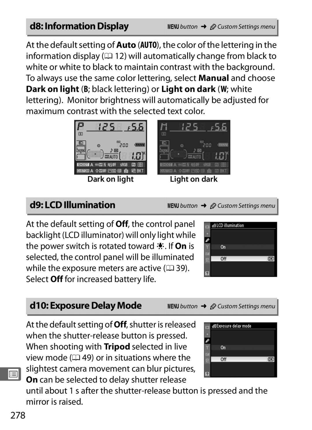 Nikon D300s manual D8 Information Display, D9 LCD Illumination, D10 Exposure Delay Mode, 278 