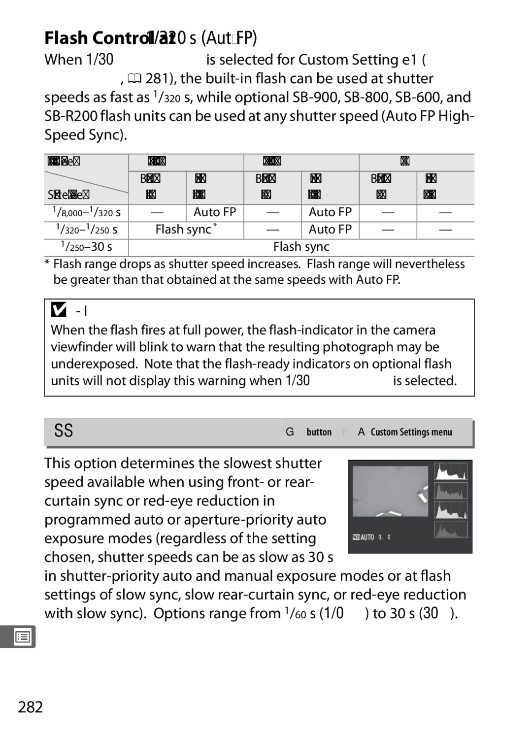 Nikon D300s manual Flash Control at 1/320 s Auto FP, E2 Flash Shutter Speed, 282, Flash-Ready Indicator 