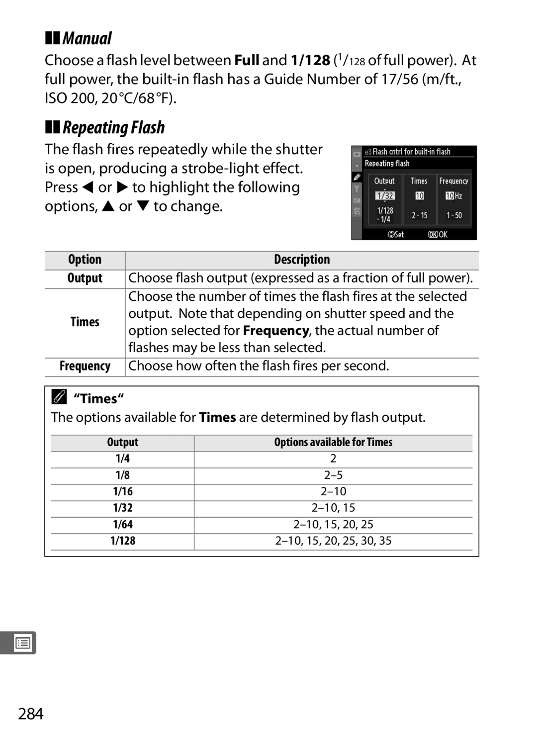 Nikon D300s manual Manual, Repeating Flash, 284, Times 