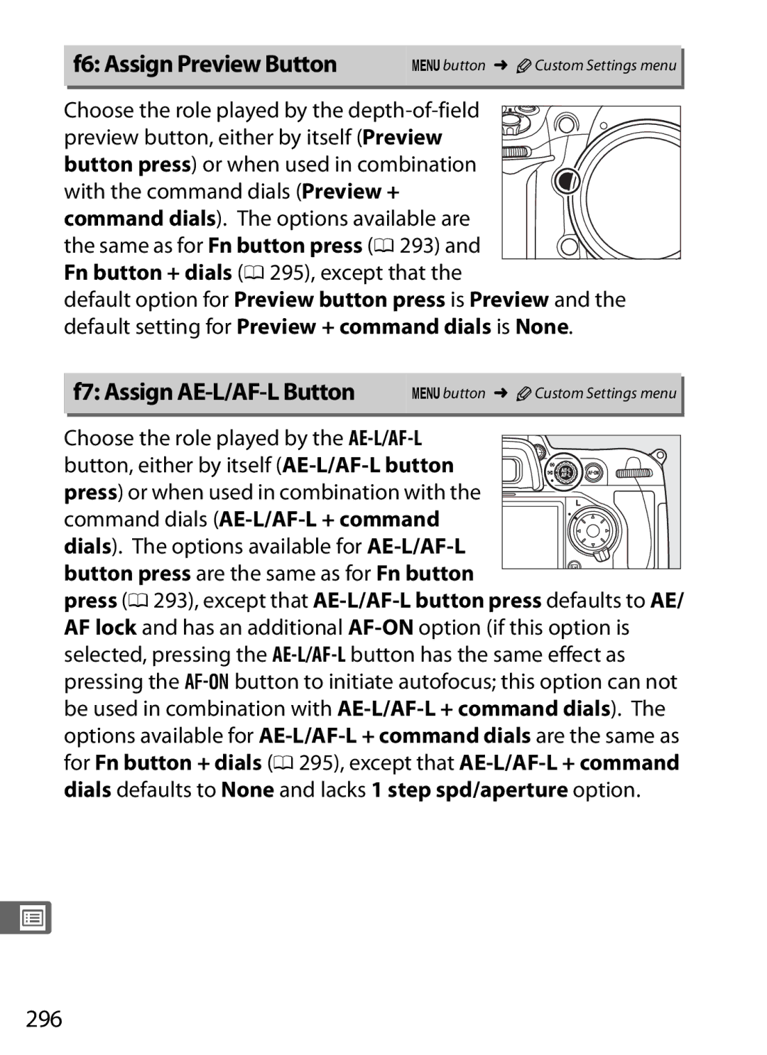 Nikon D300s manual F6 Assign Preview Button, F7 Assign AE-L/AF-L Button, 296, Button press are the same as for Fn button 