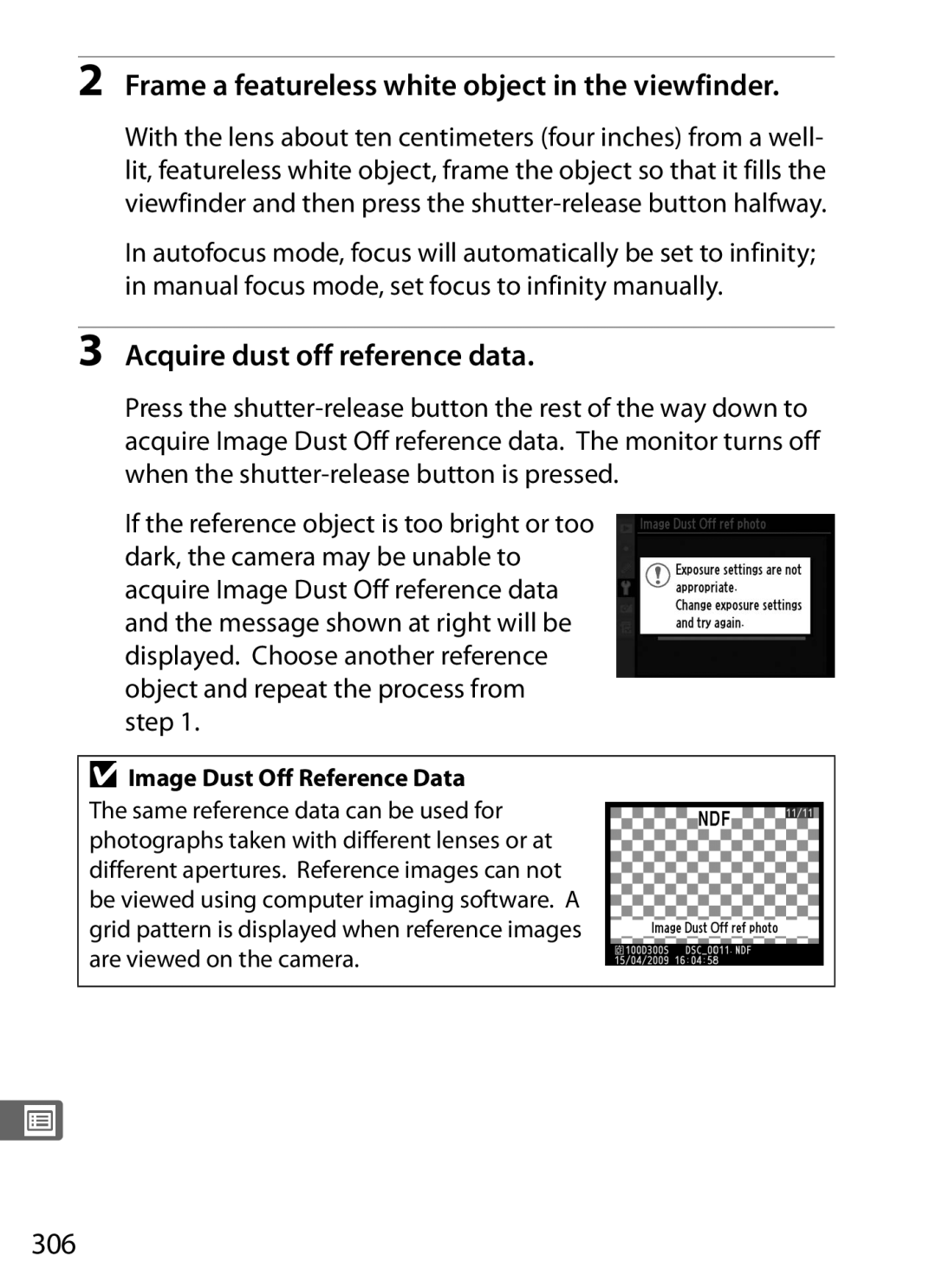 Nikon D300s manual Frame a featureless white object in the viewfinder, Acquire dust off reference data, 306 