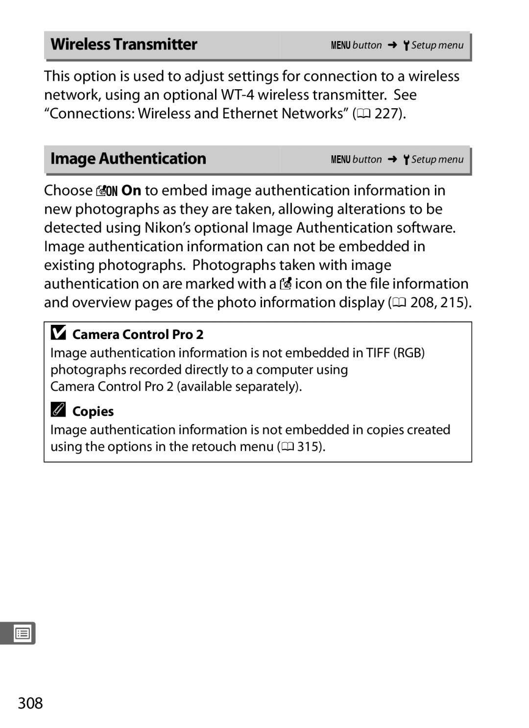 Nikon D300s manual Wireless Transmitter, Image Authentication, 308, Copies 