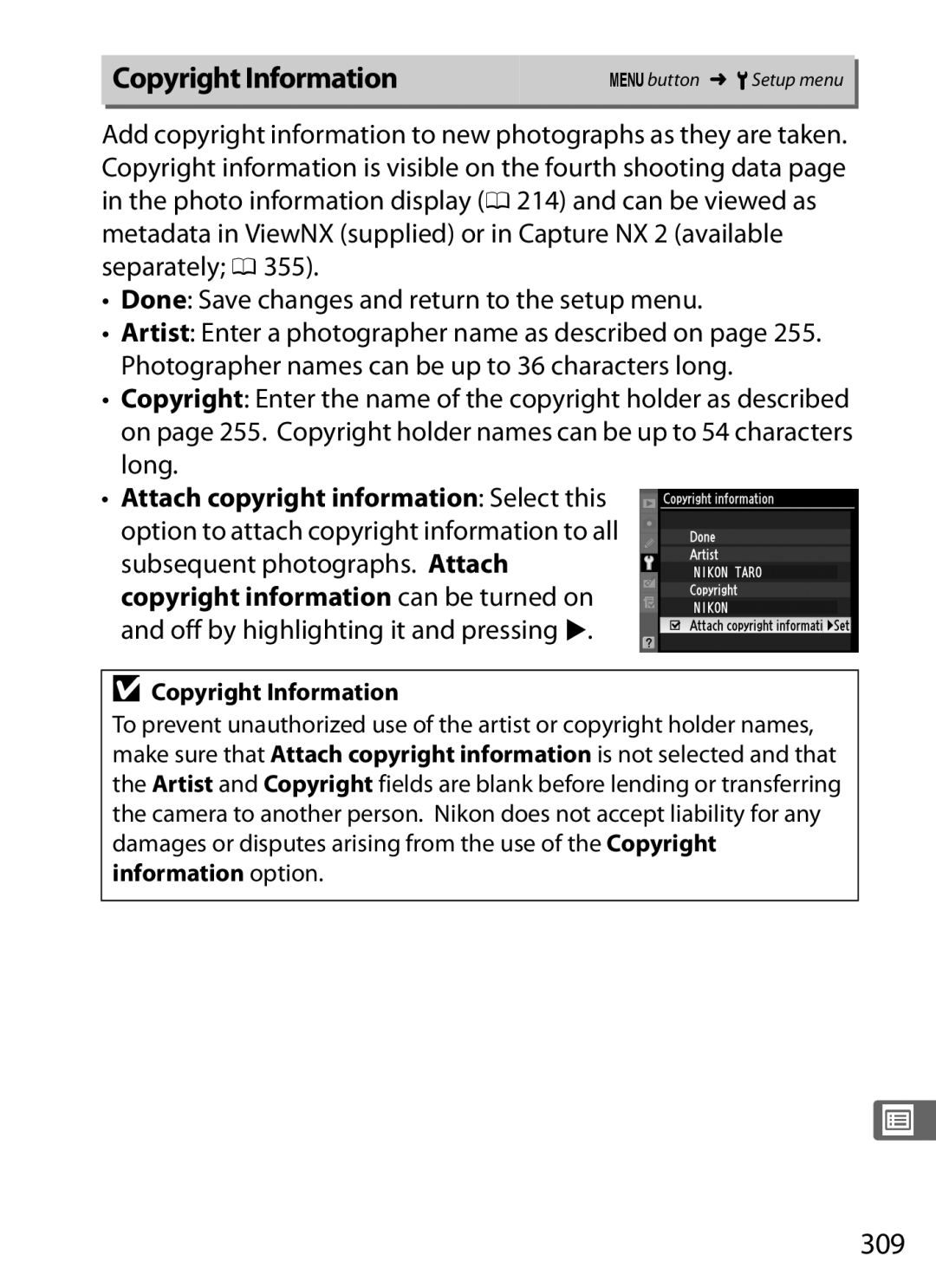 Nikon D300s manual Copyright Information, 309, Attach copyright information Select this 