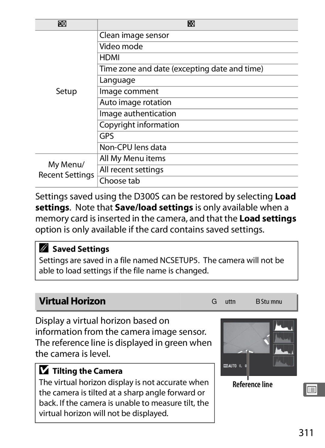 Nikon D300s manual Virtual Horizon, 311, Saved Settings, Tilting the Camera, Reference line 