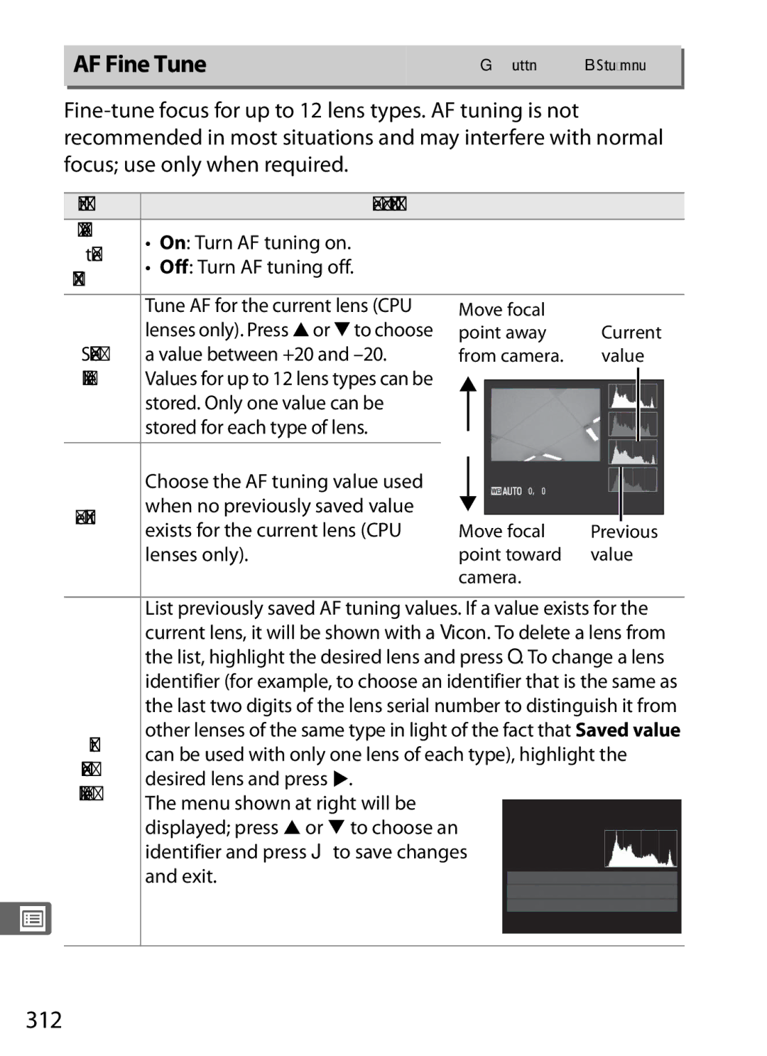 Nikon D300s manual AF Fine Tune, 312, Value 