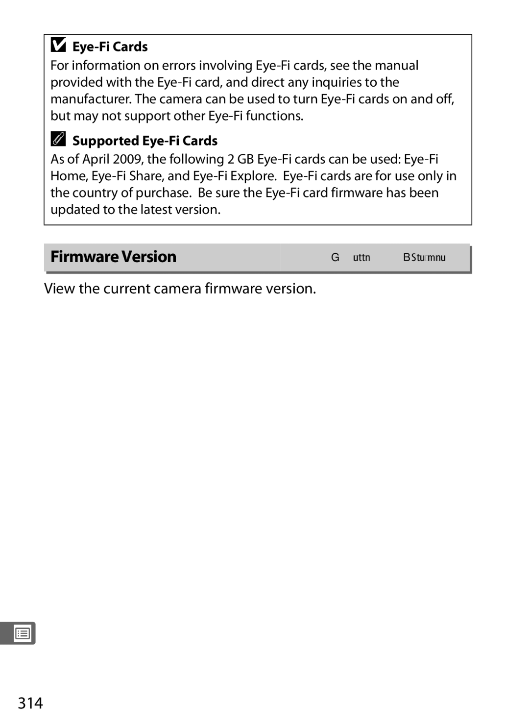 Nikon D300s manual Firmware Version, 314, View the current camera firmware version, Supported Eye-Fi Cards 